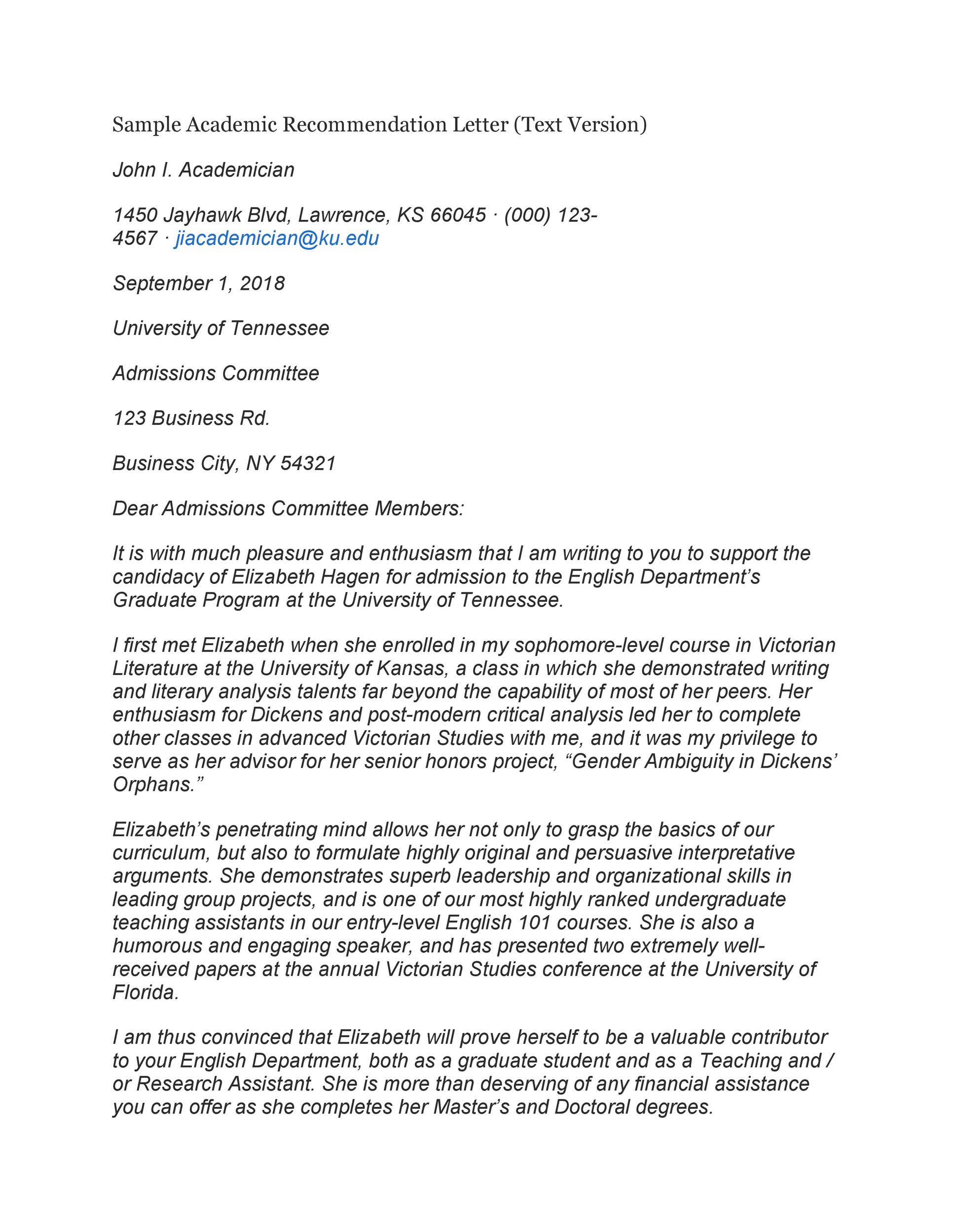 Recommendation letter for student admission