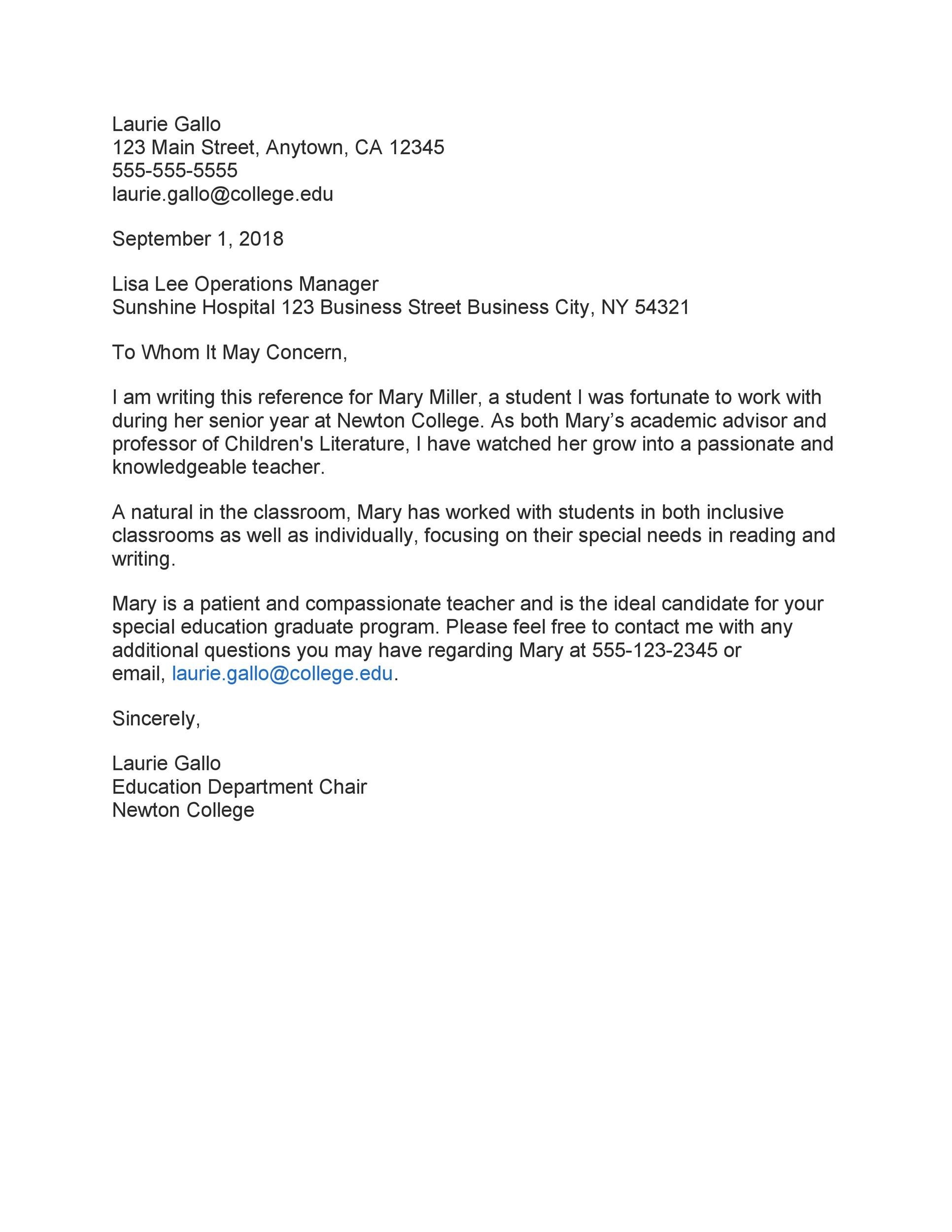 Reference Letter For Student From Teacher Sample