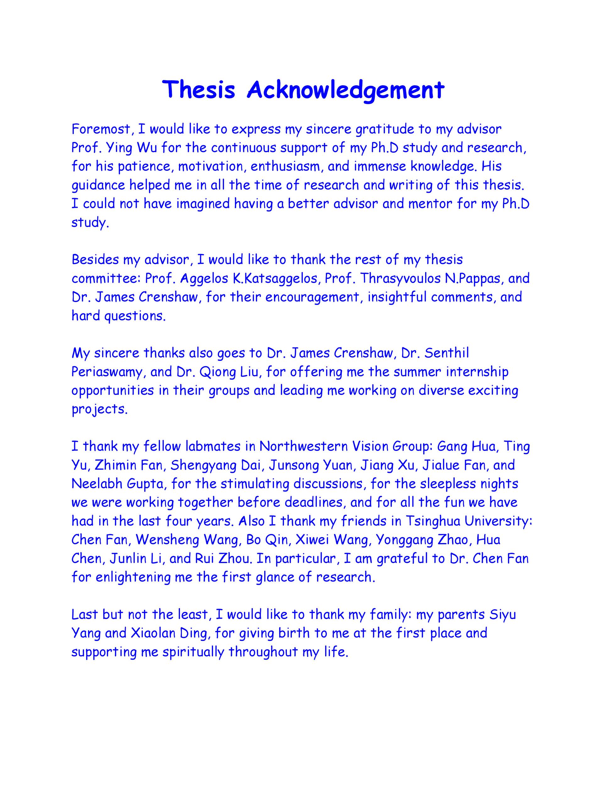 Acknowledgements for Thesis and Dissertations with Examples