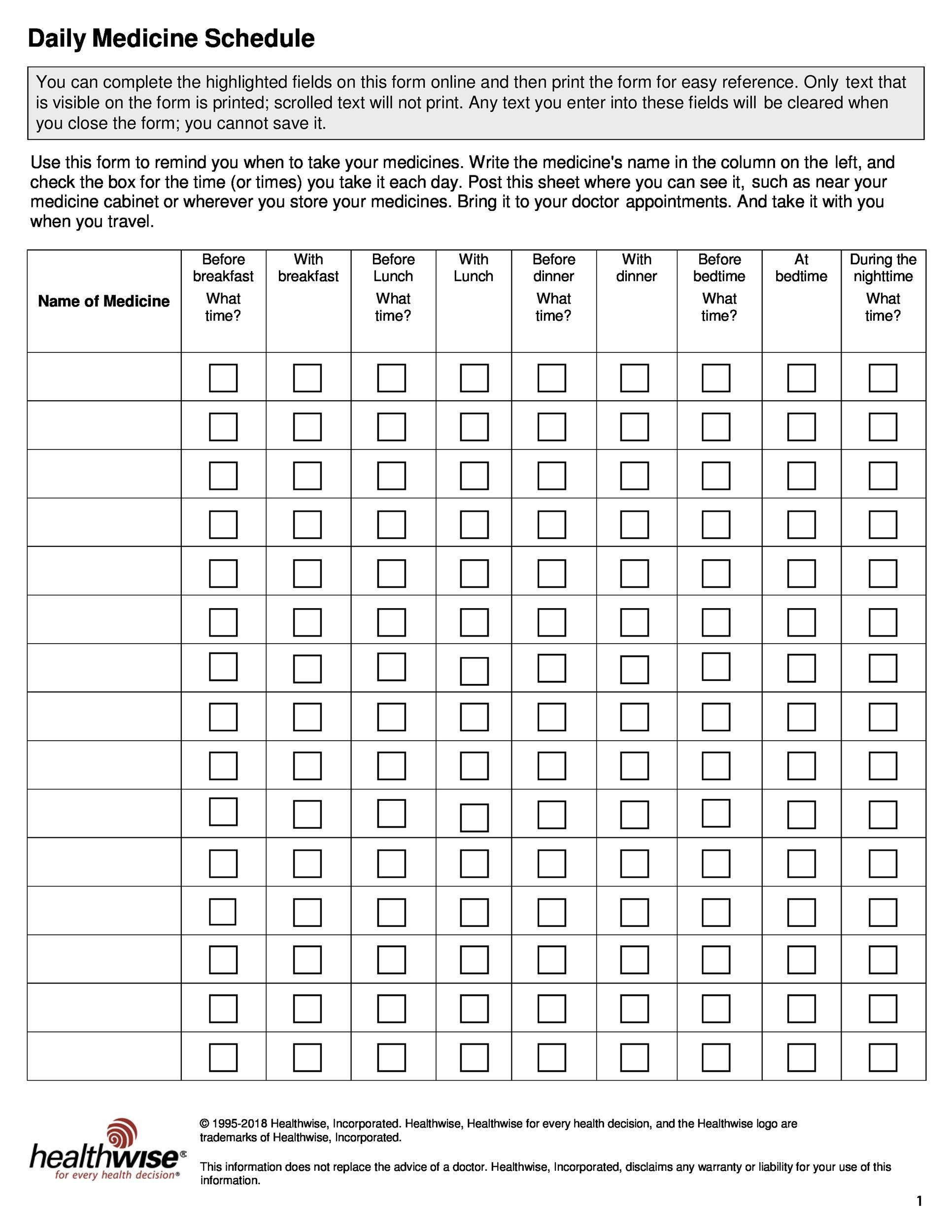 Free Printable Daily Medication Chart For Elderly