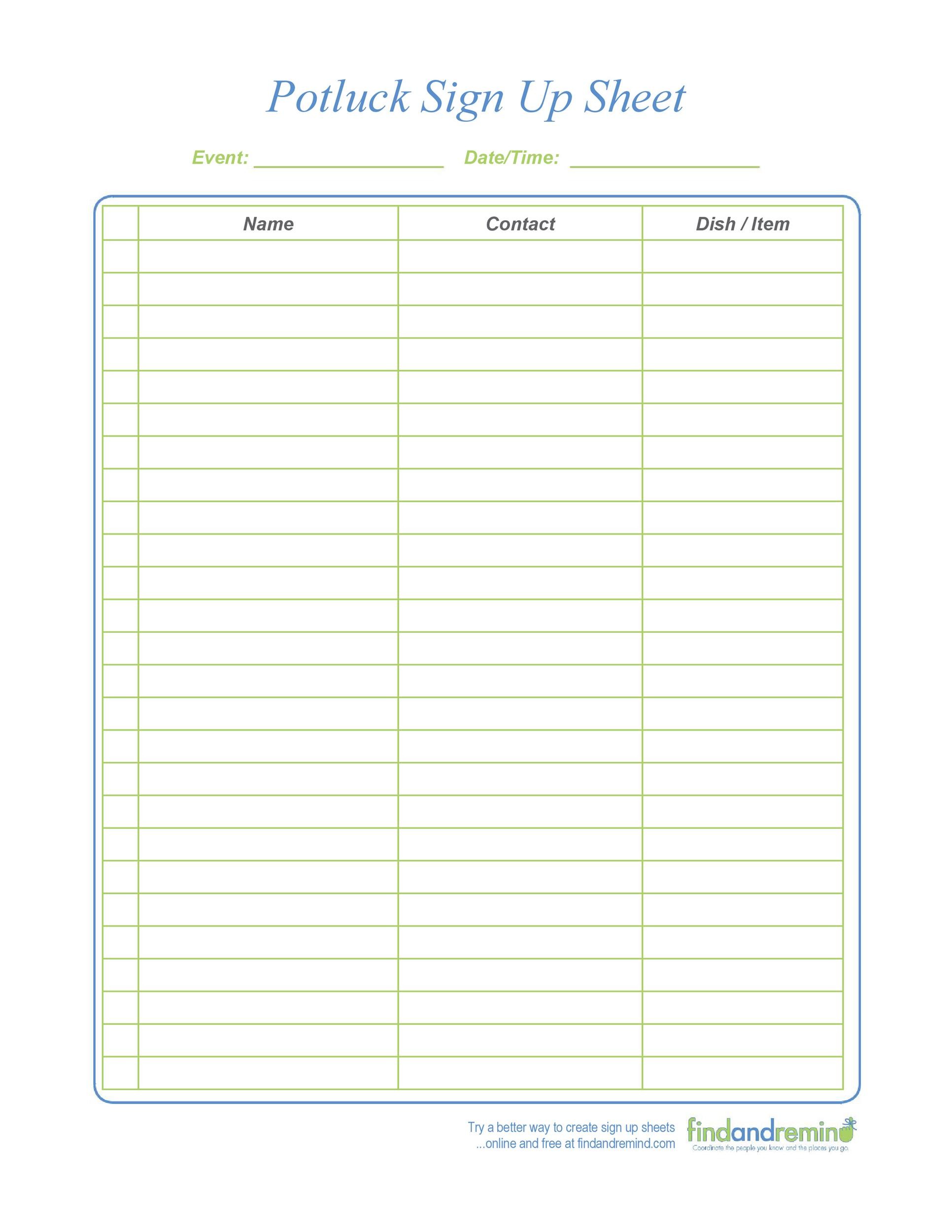 Printable Potluck Sign Up Sheet Template