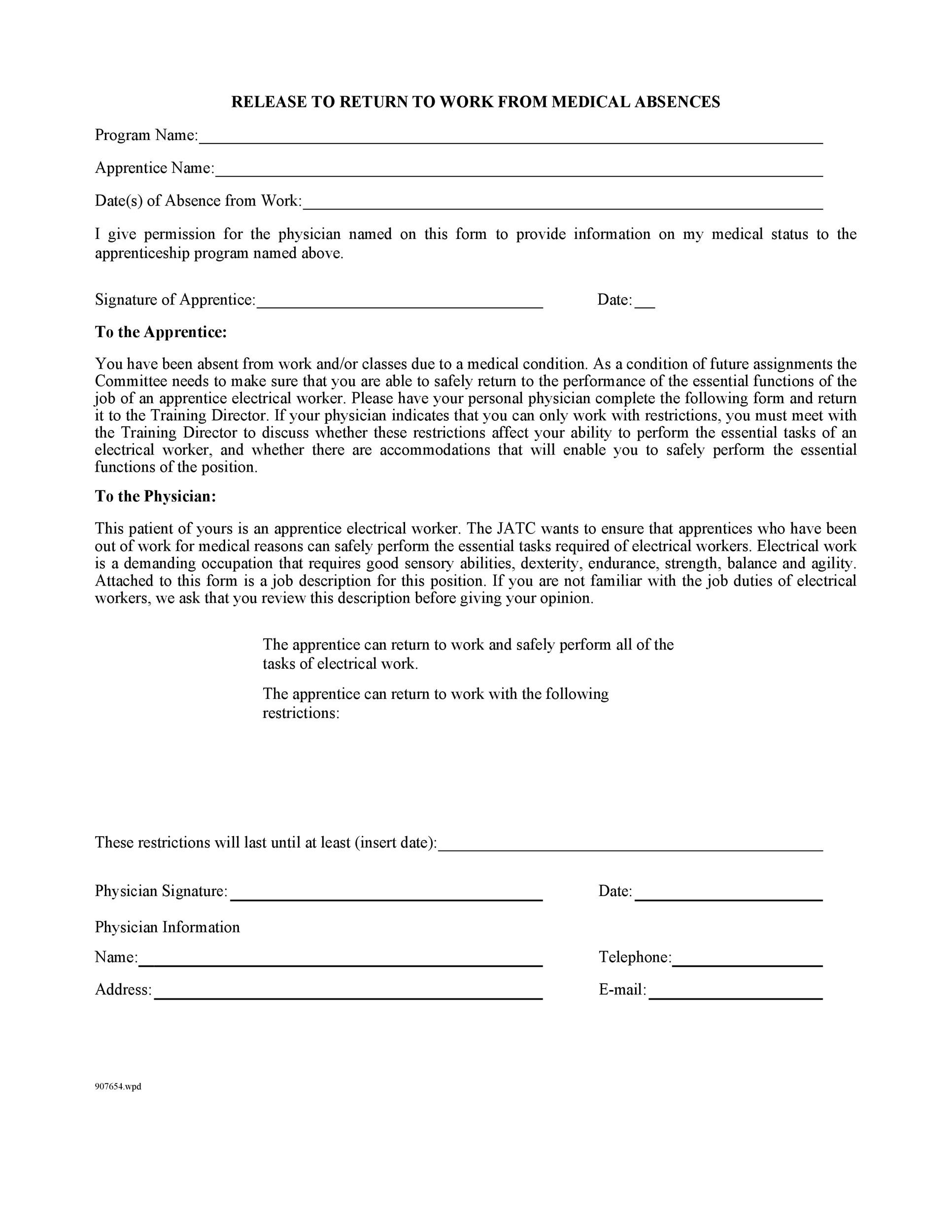 Doctor Printable Return To Work Form