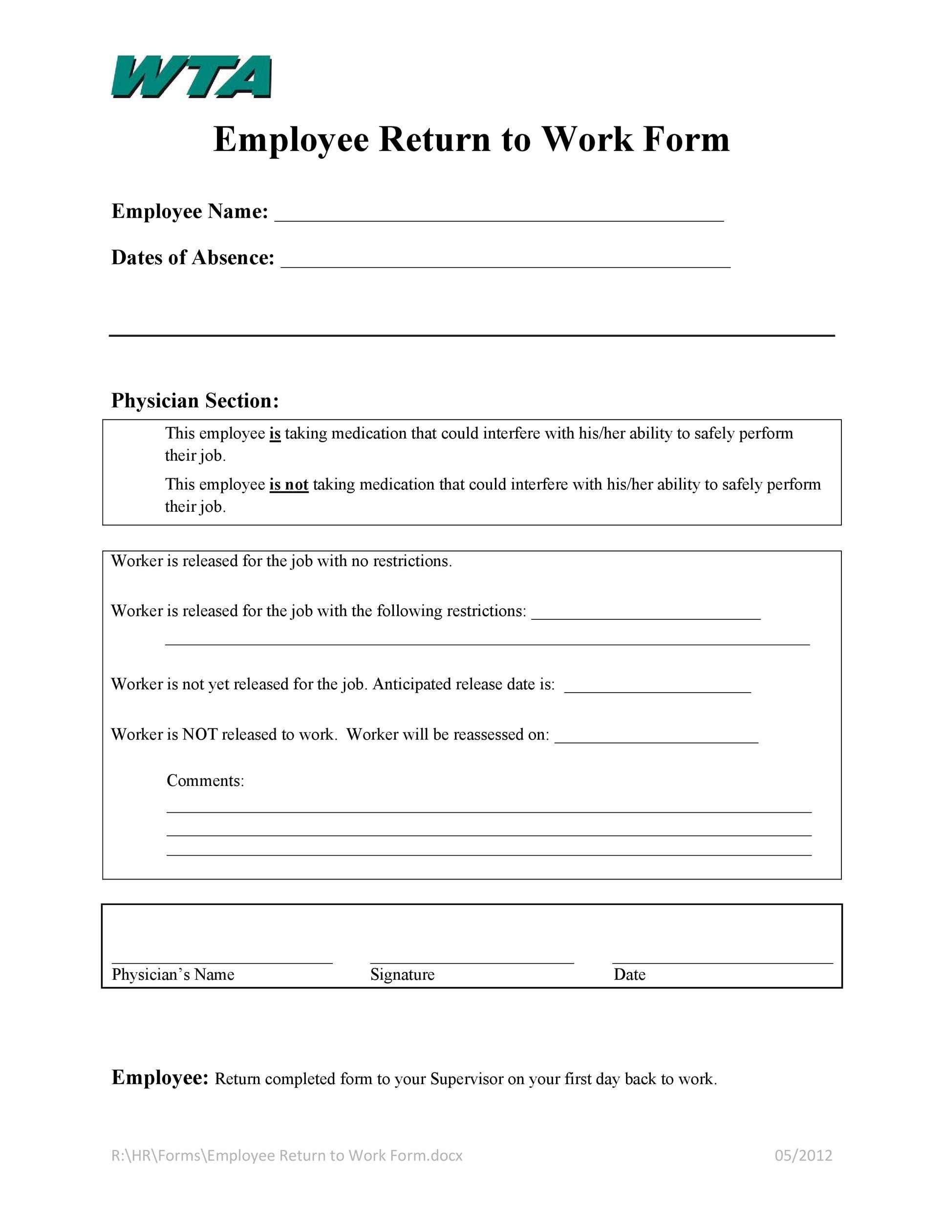Printable Back To Work Forms Printable Forms Free Online
