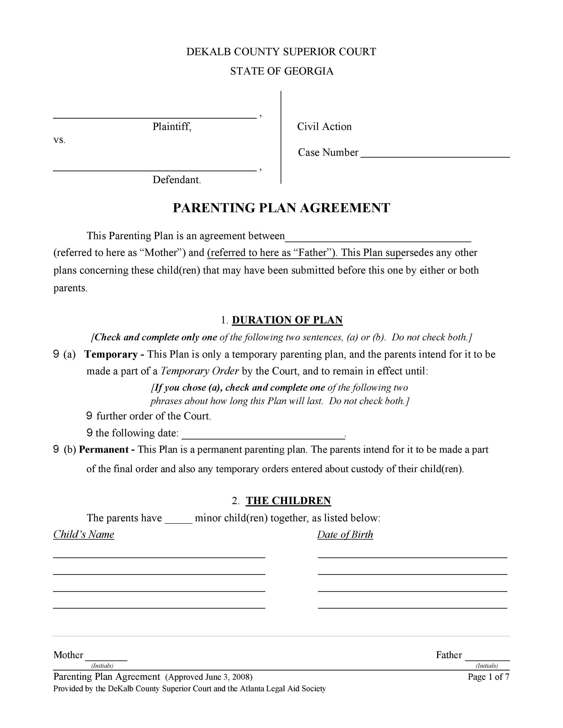 parenting plan template example