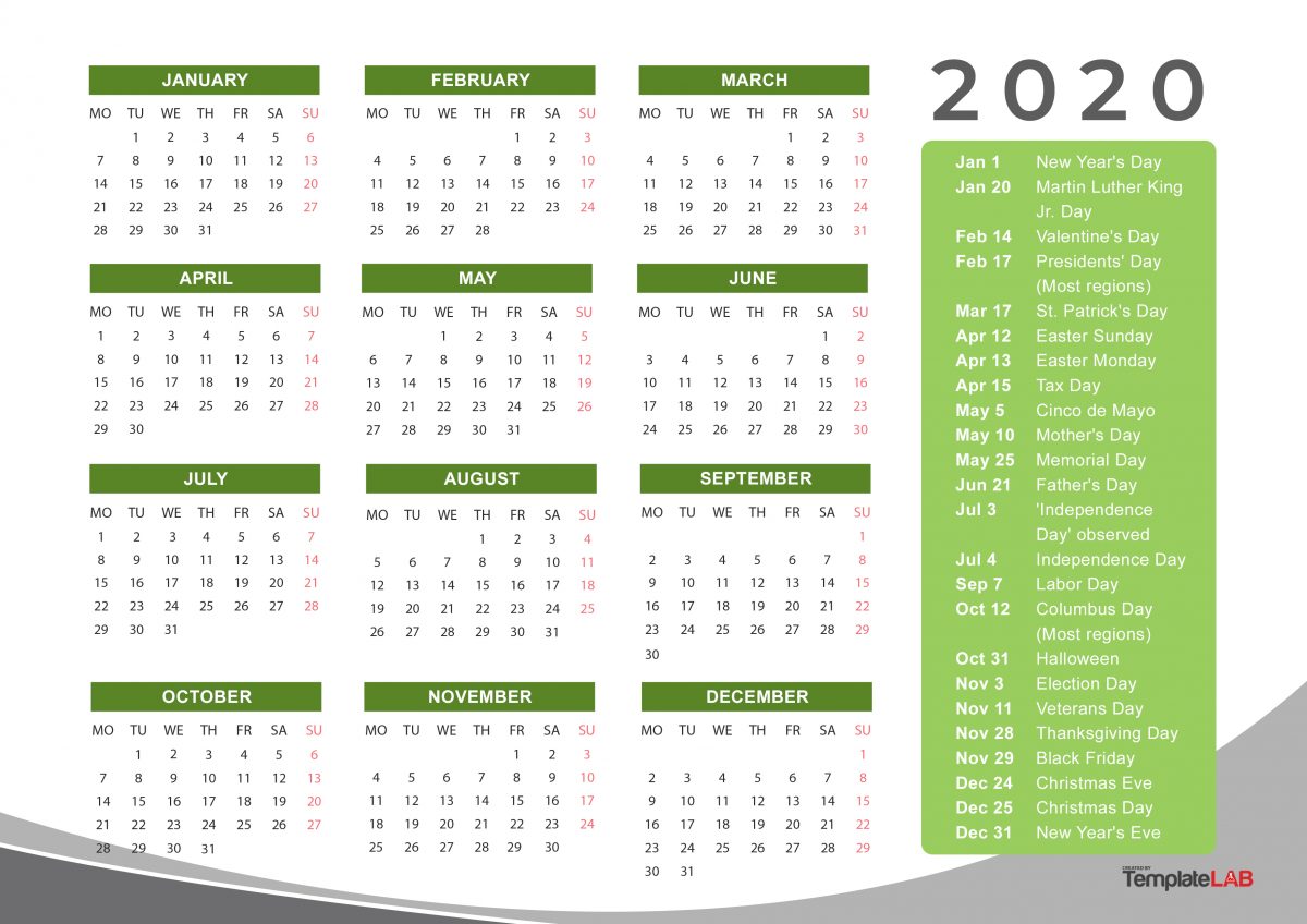 2020 Printable Calendars Monthly With Holidays Yearly Templatelab