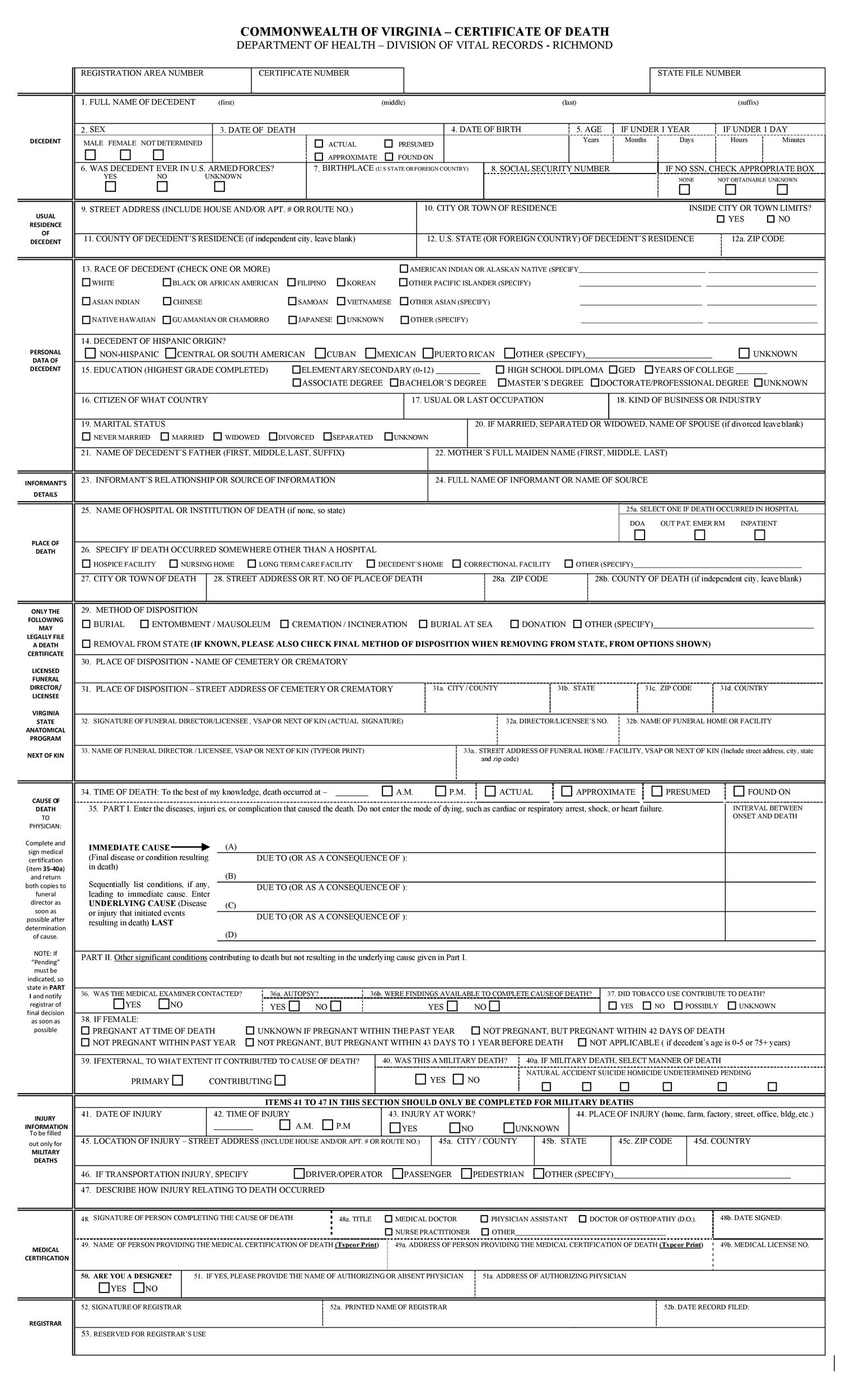 Free Printable Death Certificate Templates