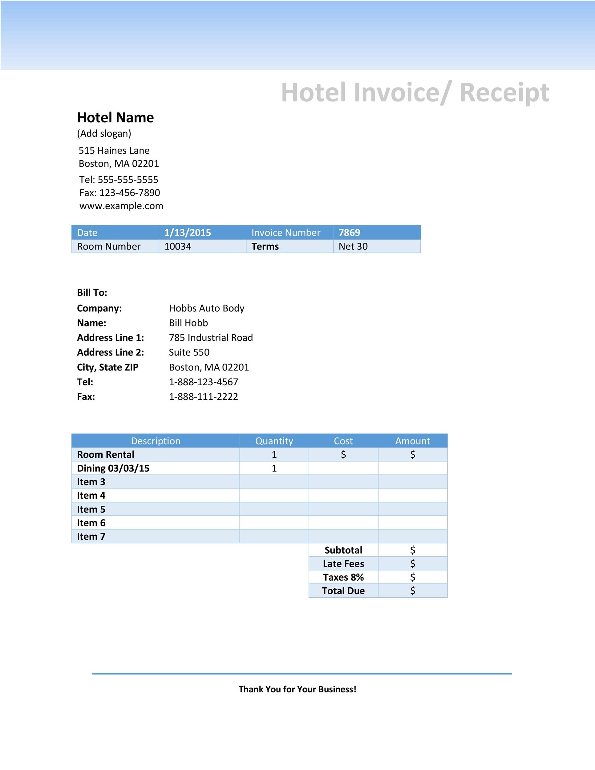 Hotel Receipt Template Excel