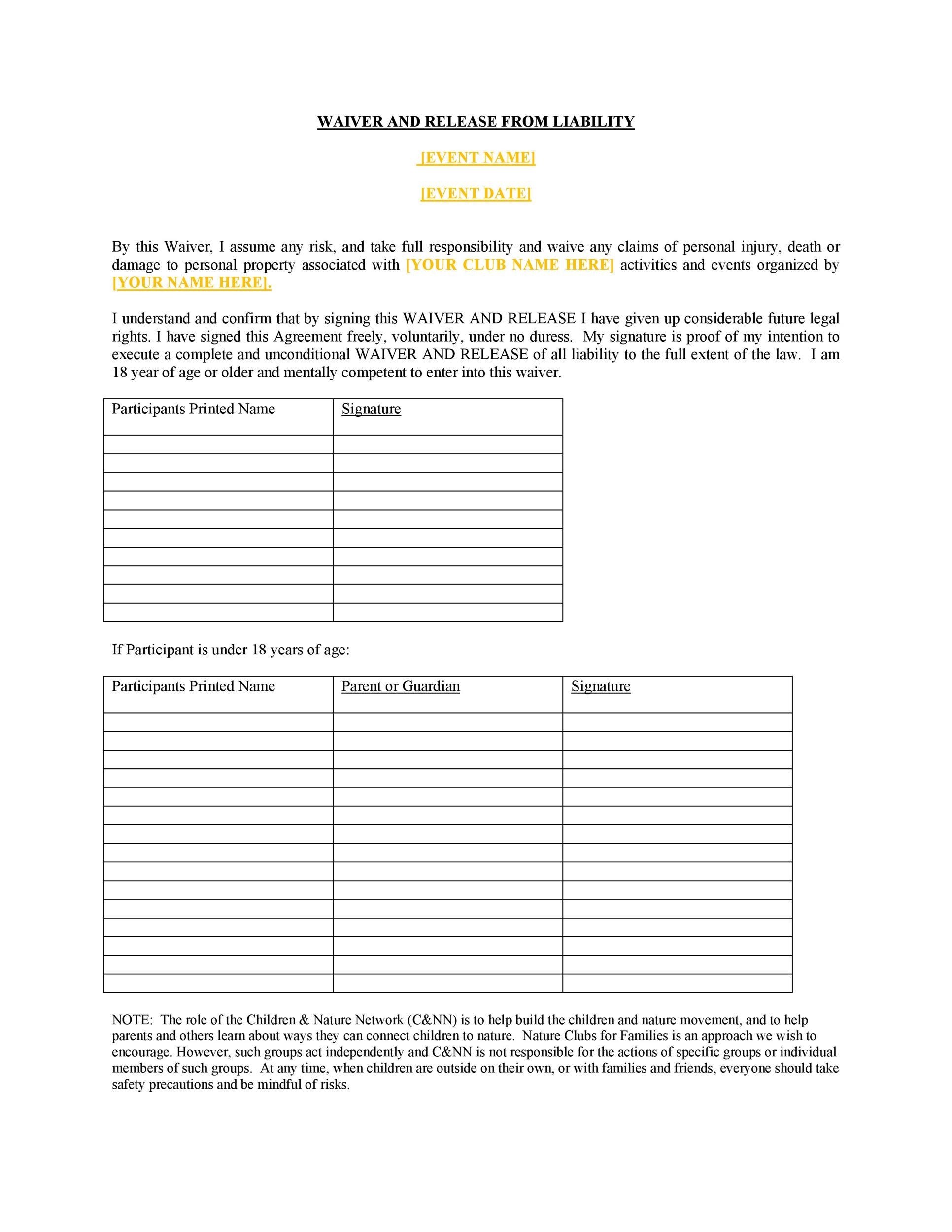 Free Printable Release Of Liability Form | TUTORE.ORG ...