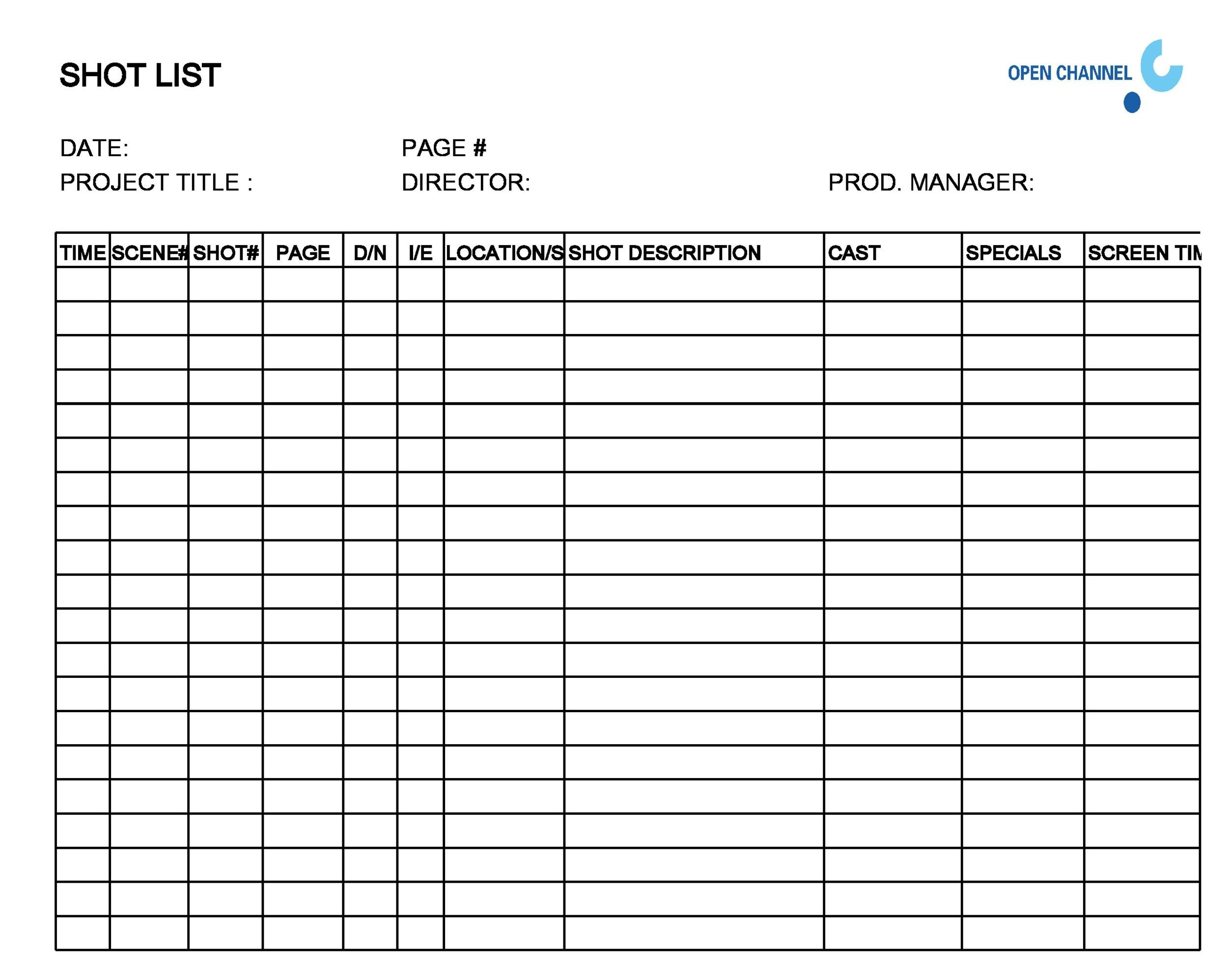 Shot List Template Free Download