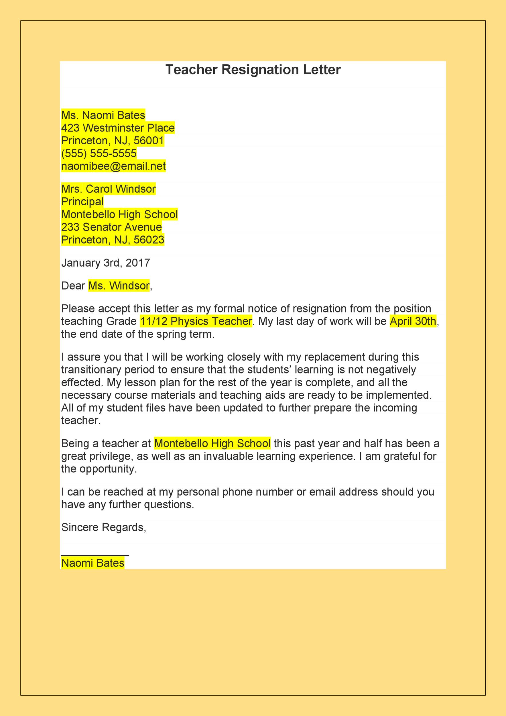Letter Of Resignation Template Teaching Assistant