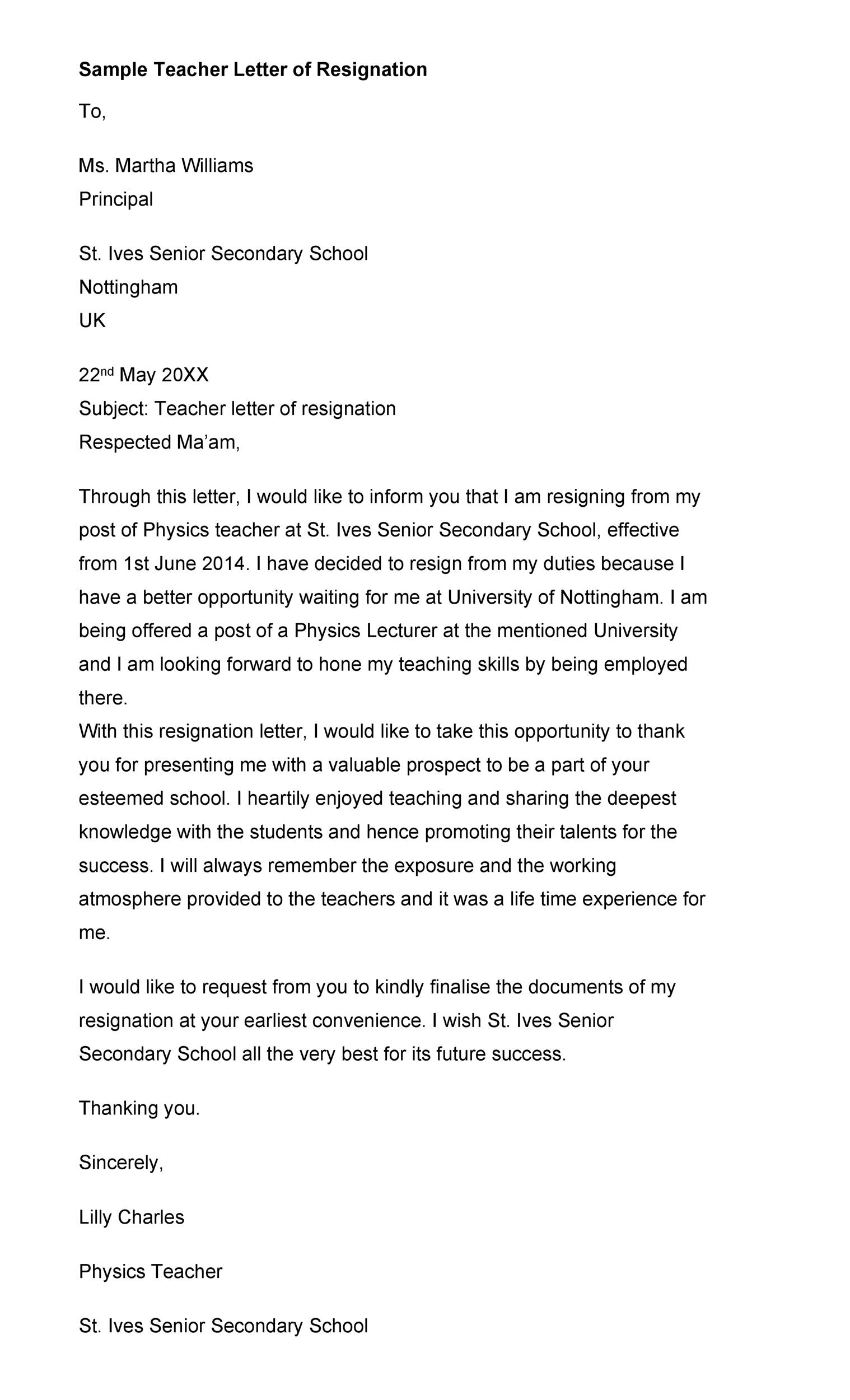 Letter Of Resignation Template Teacher