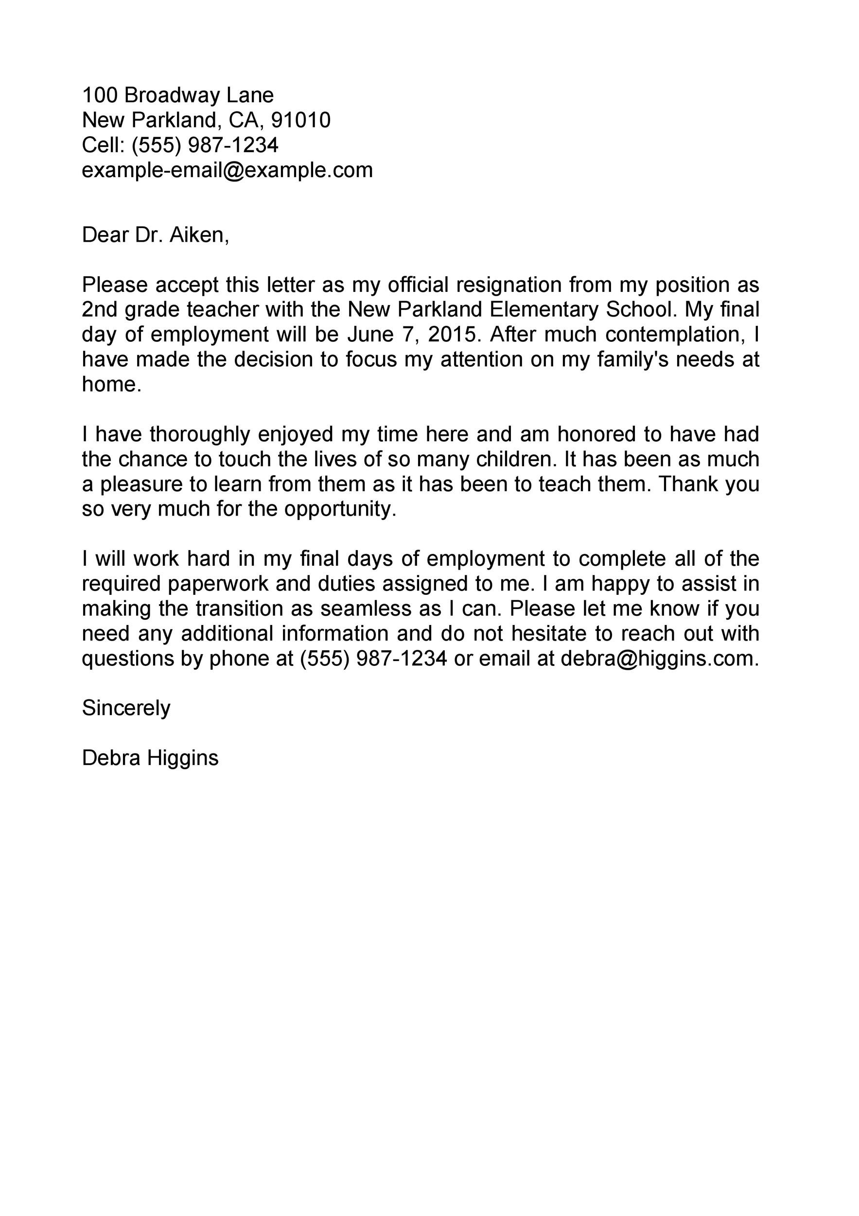 Sample Letter Of Resignation For Teachers