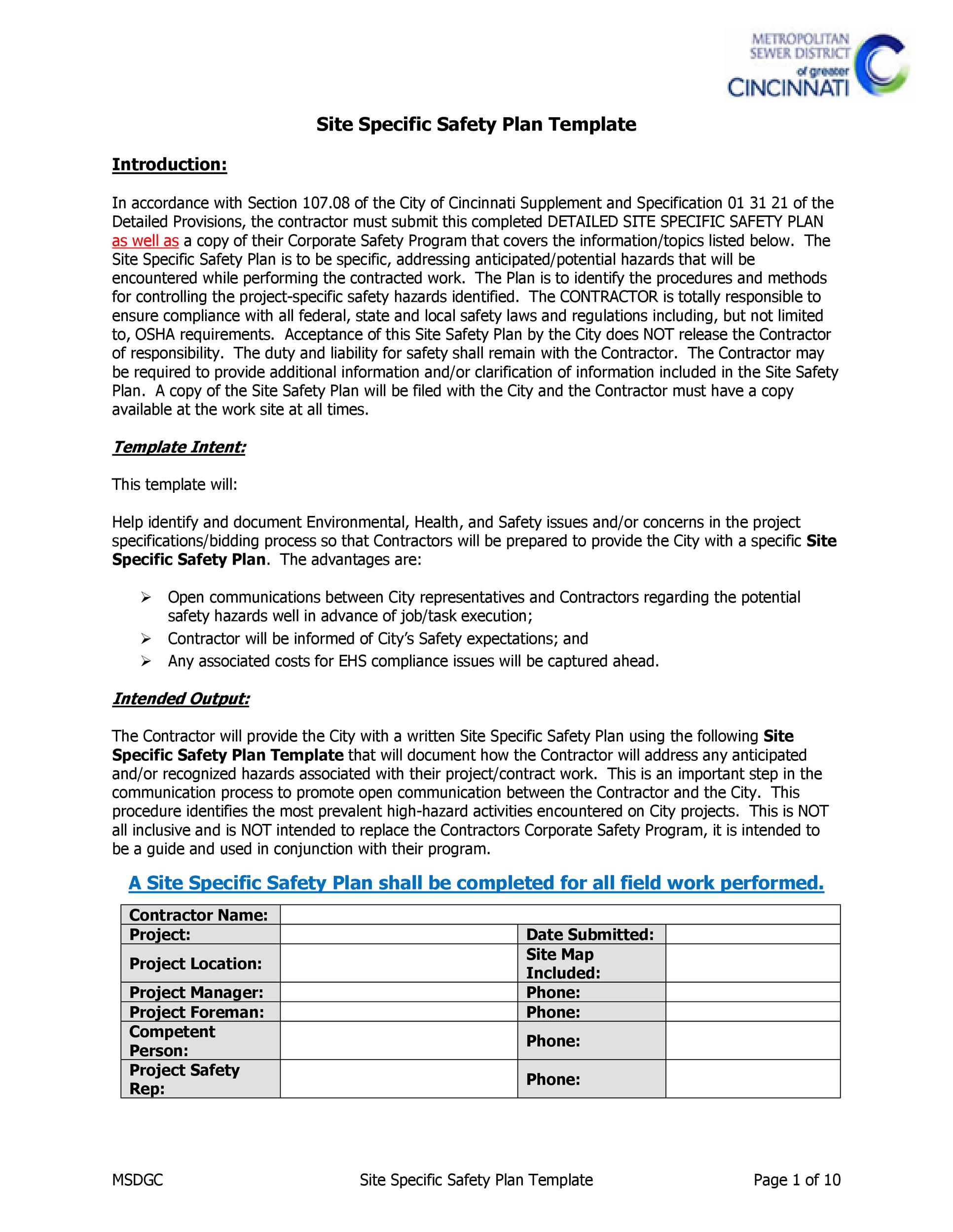 Site Specific Health And Safety Plan Template