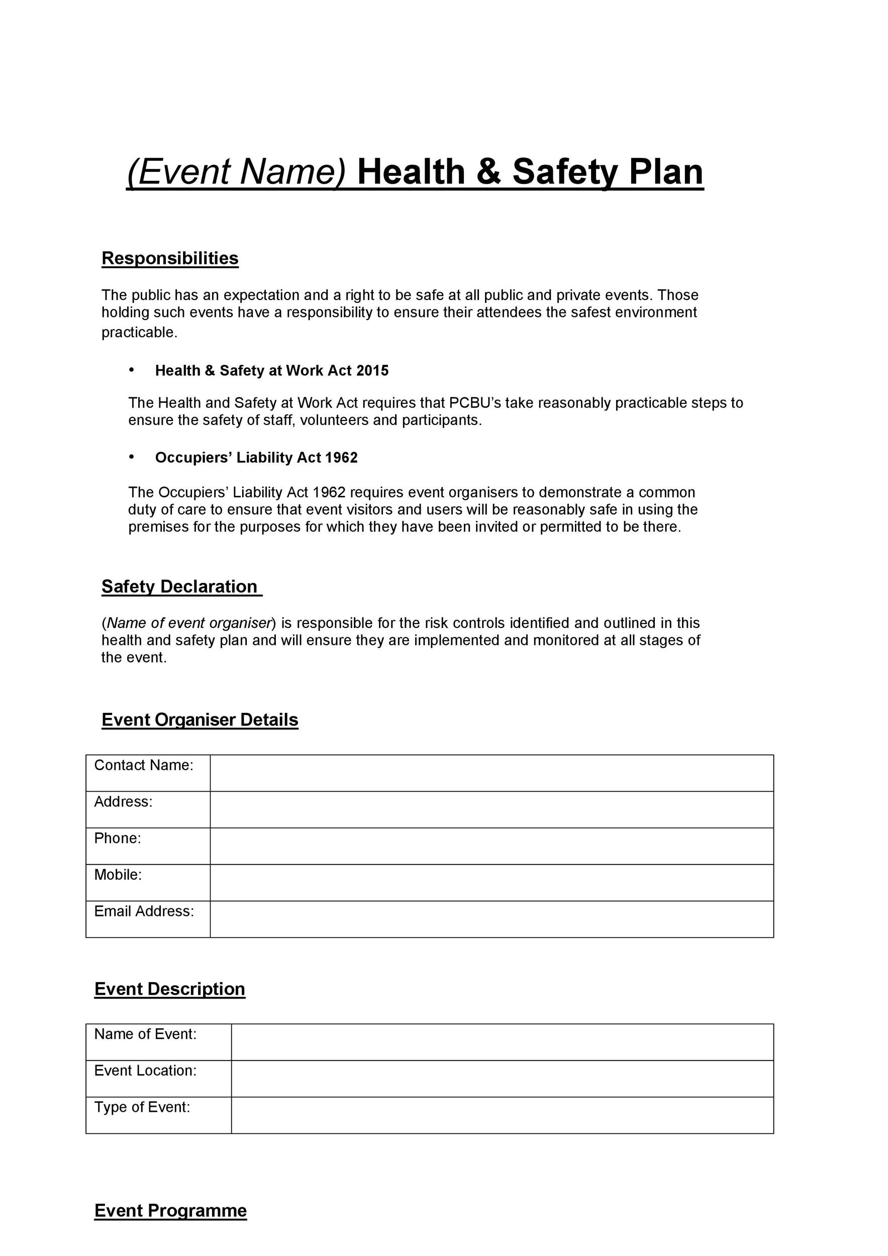Event Health And Safety Plan Template Template Walls
