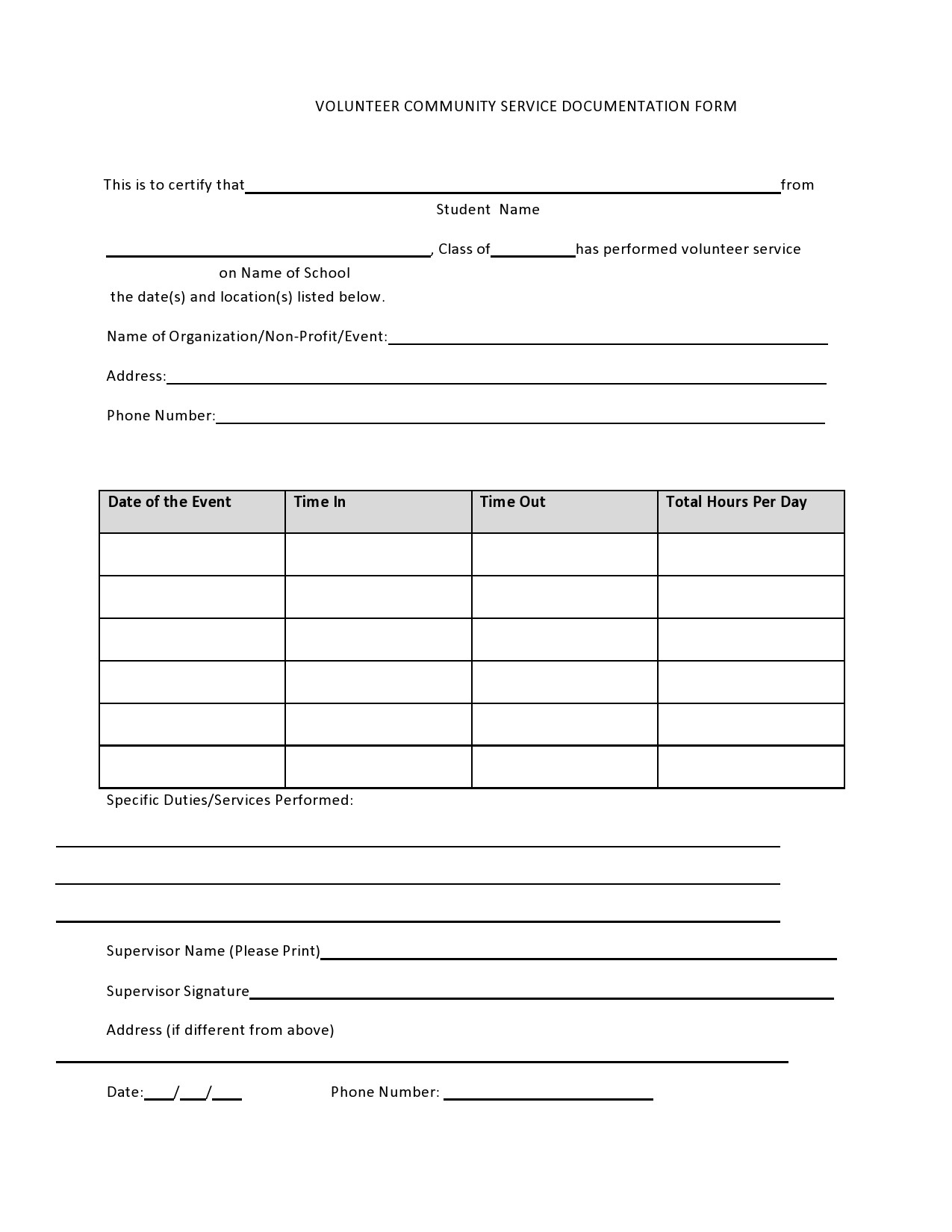 Community Service Form Printable Printable Forms Free Online