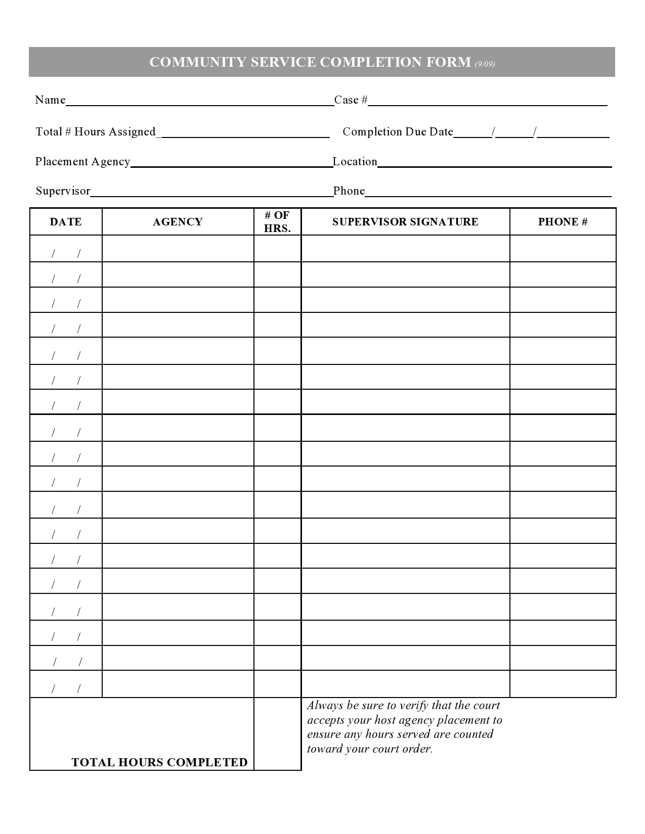 Printable Community Service Forms For Court Printable Forms Free Online