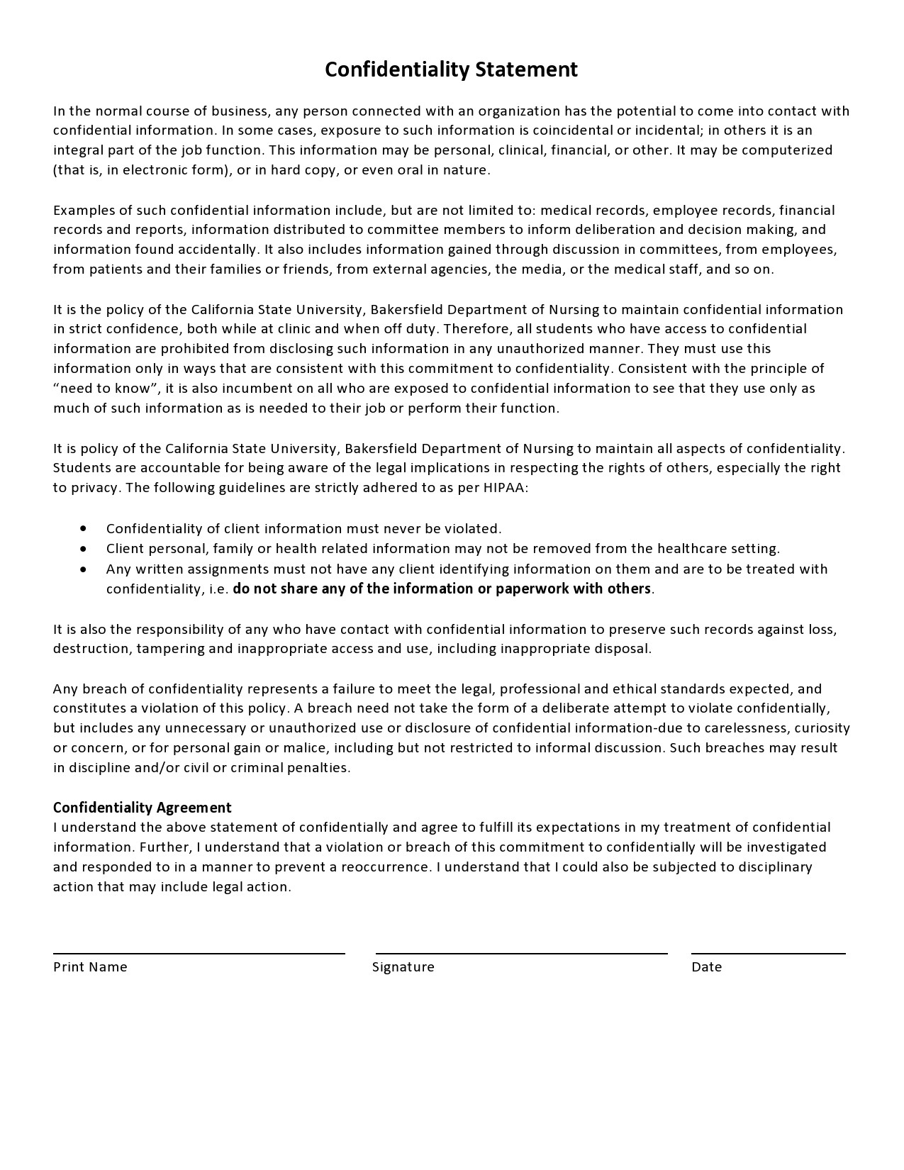 24 Simple Confidentiality Statement Agreement Templates 