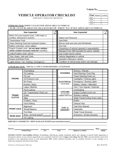 Mechanic Vehicle Inspection Checklist