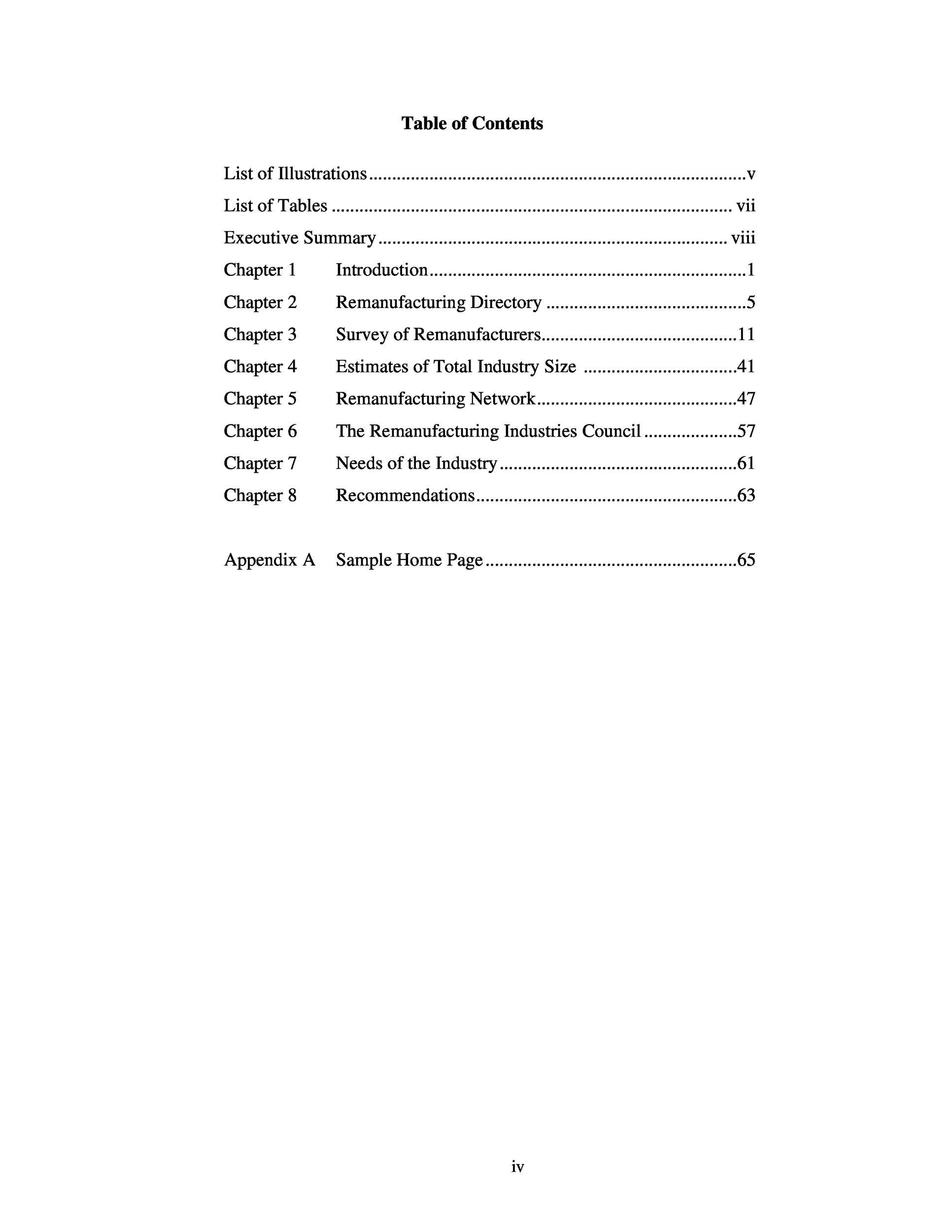 table of contents for a business plan