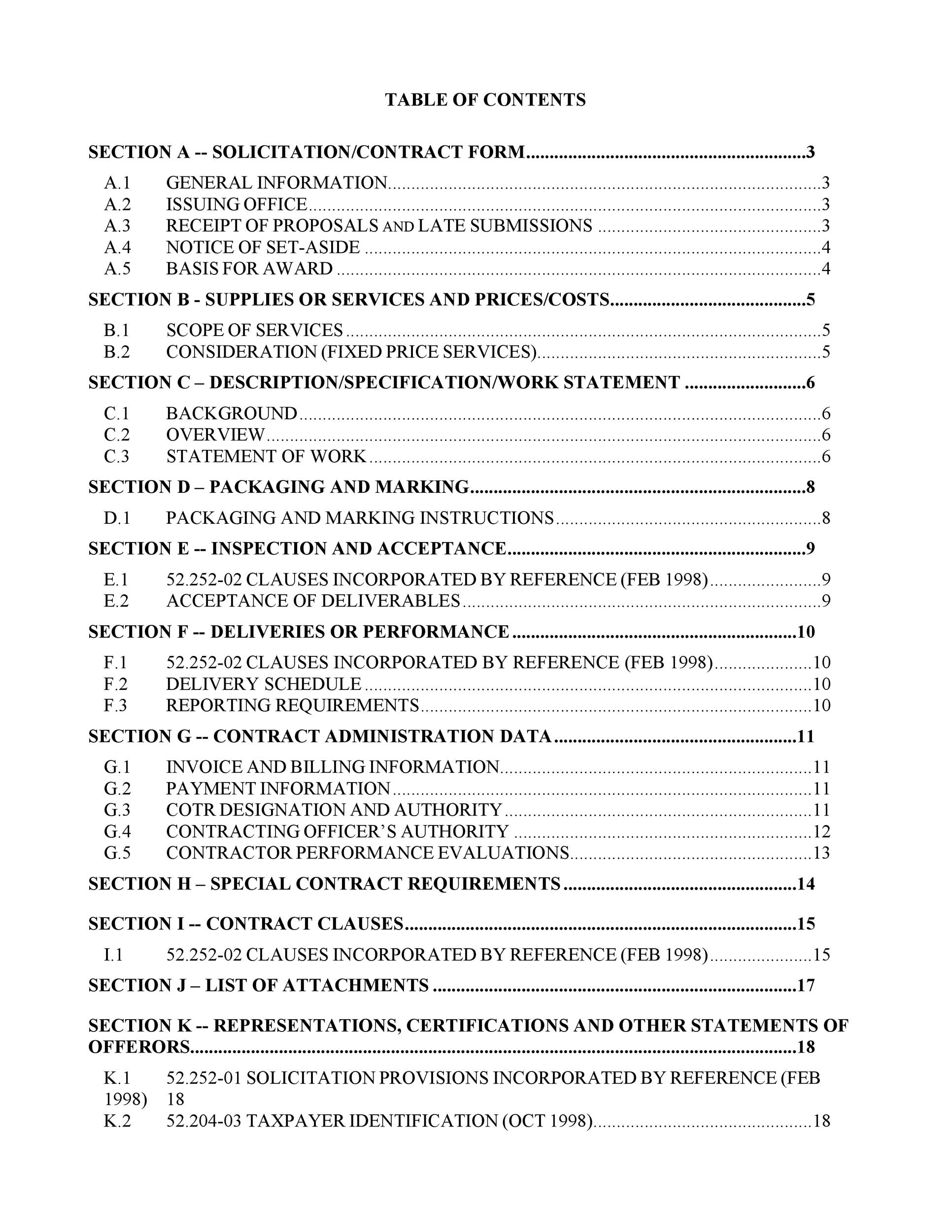 table of contents template for assignment