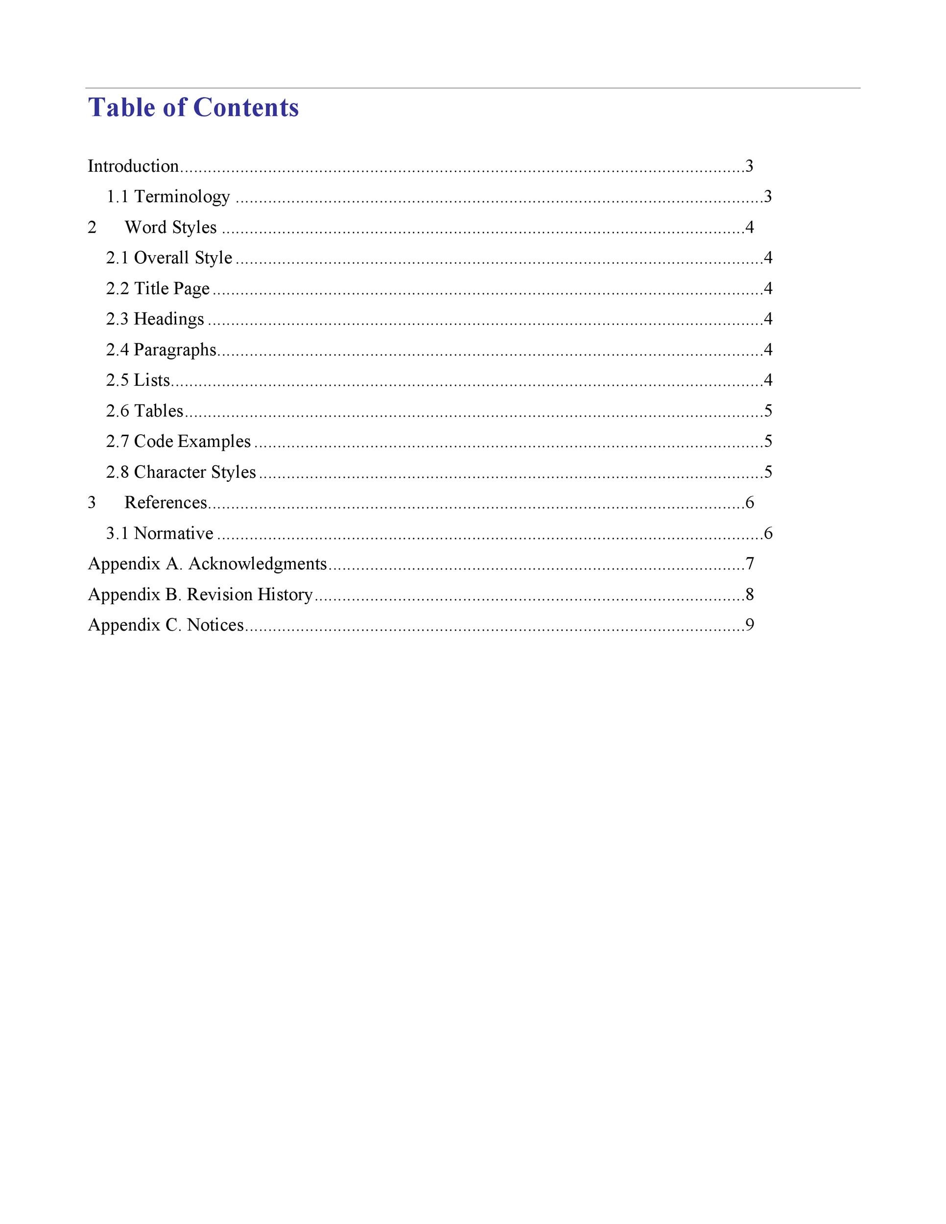 Free Table of Contents Template Word 10