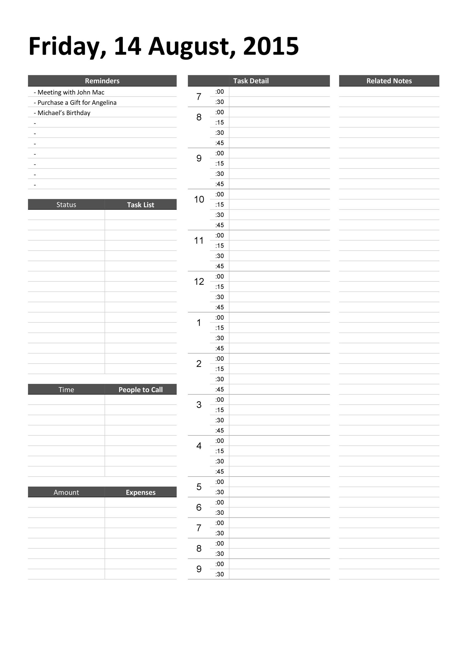 excel daily work schedule template