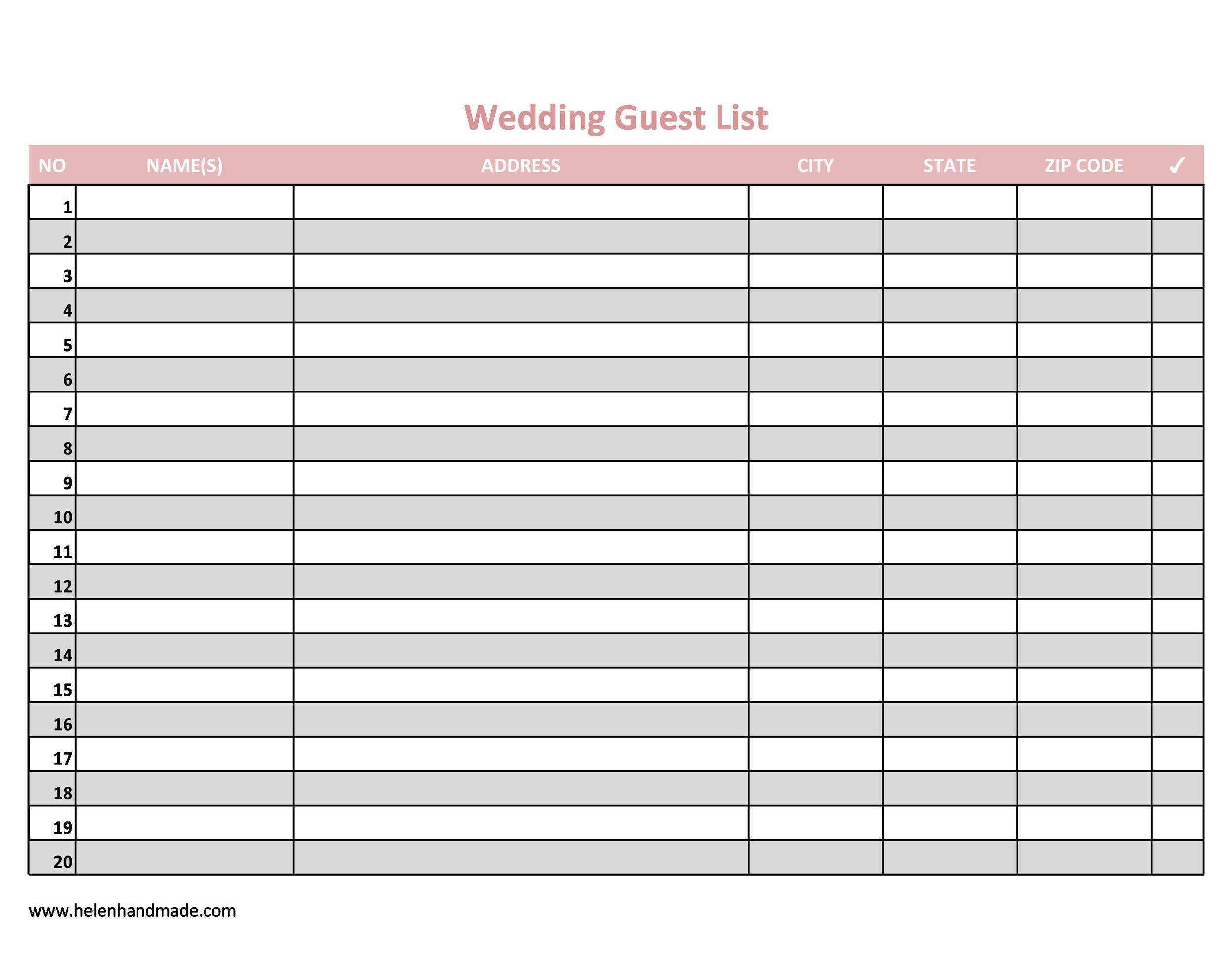 Free Printable Printable Wedding Guest List Template