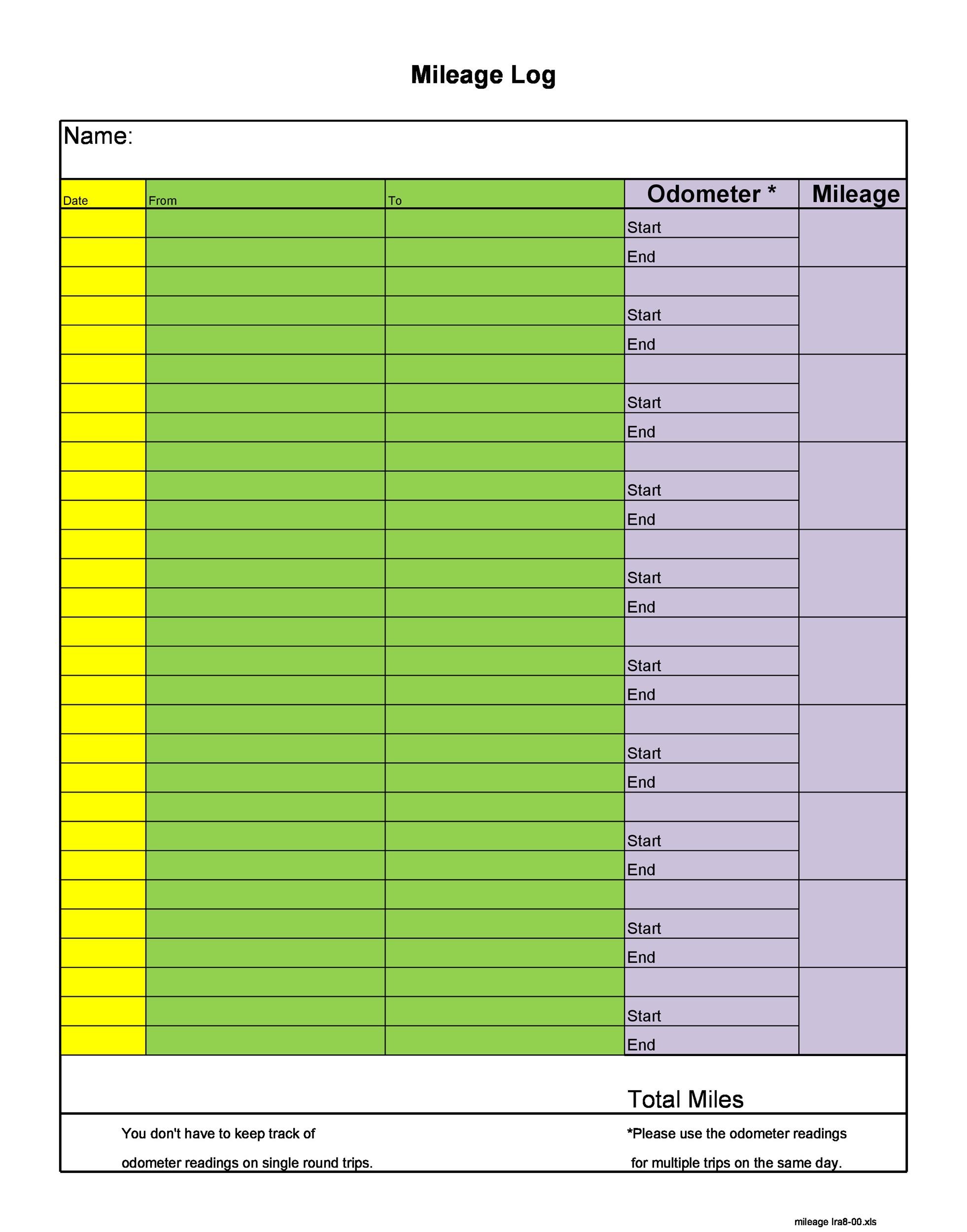 Printable Monthly Mileage Log Sheet Free