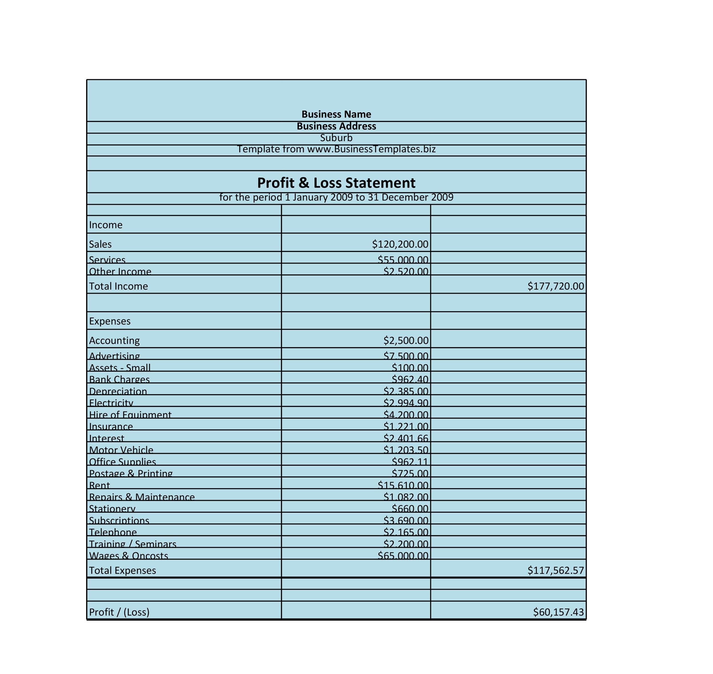 Free Profit and Loss Statement Template 01
