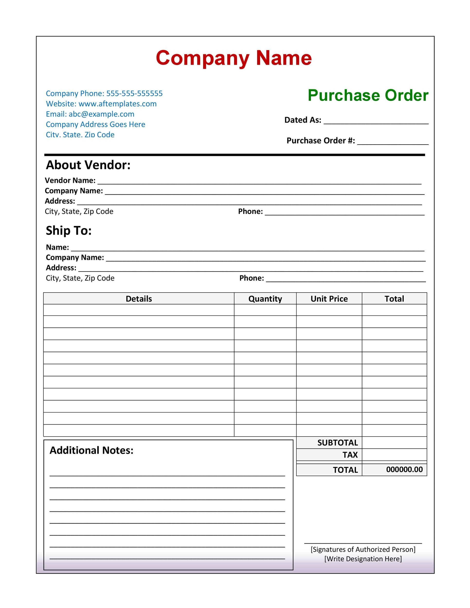 Purchase Order Template Excel Free