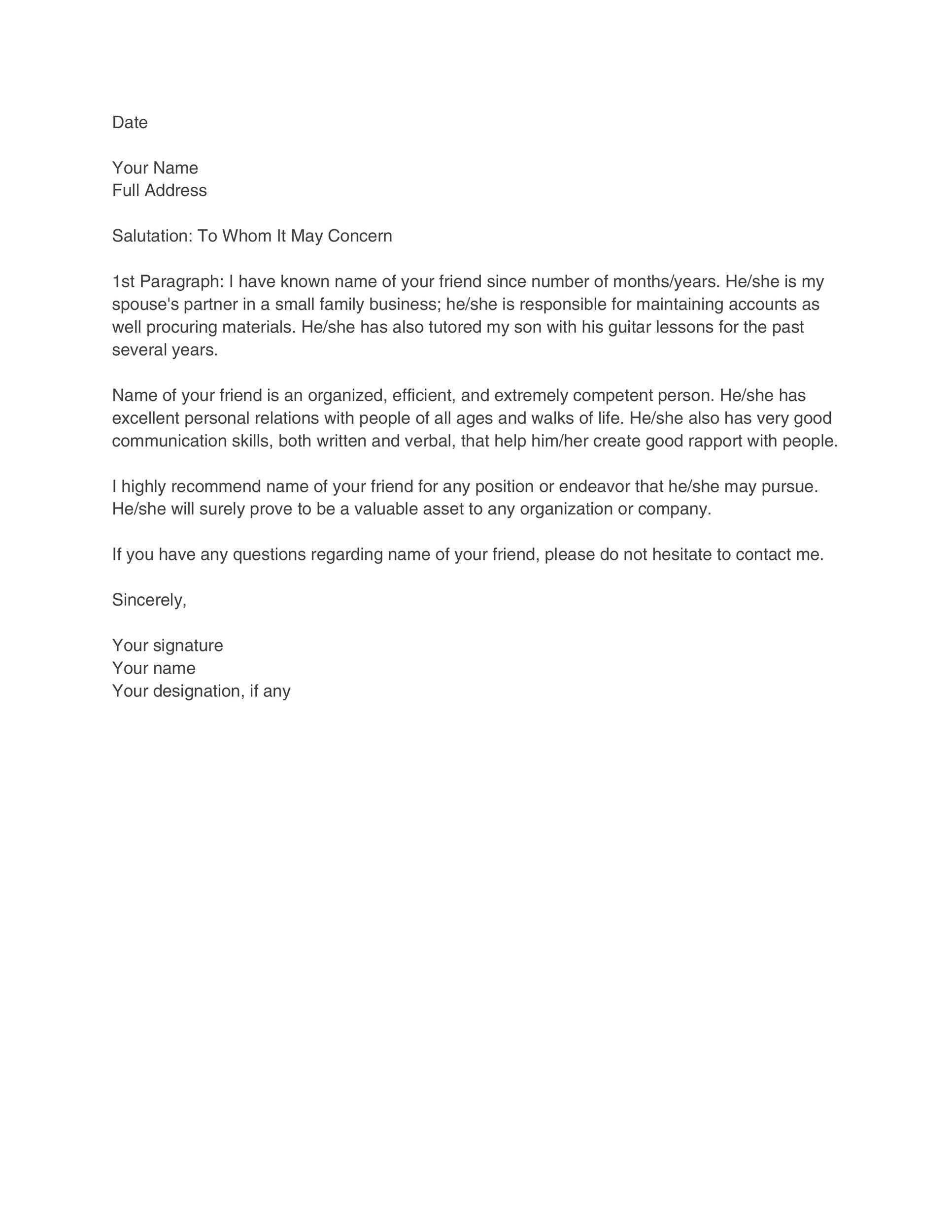 Recommendation Letter For A Friend from templatelab.com