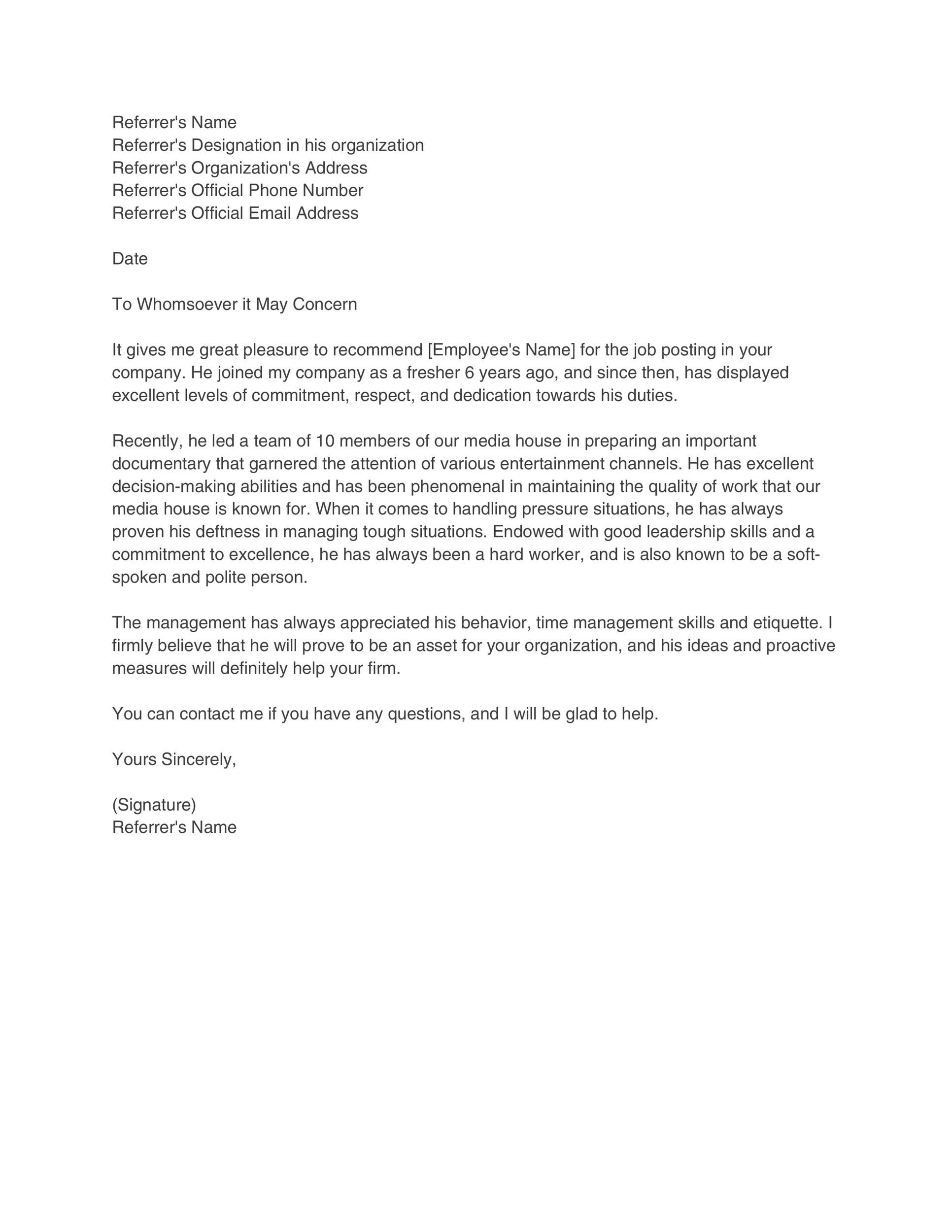 Letter Of Recommendation Template For Employee from templatelab.com