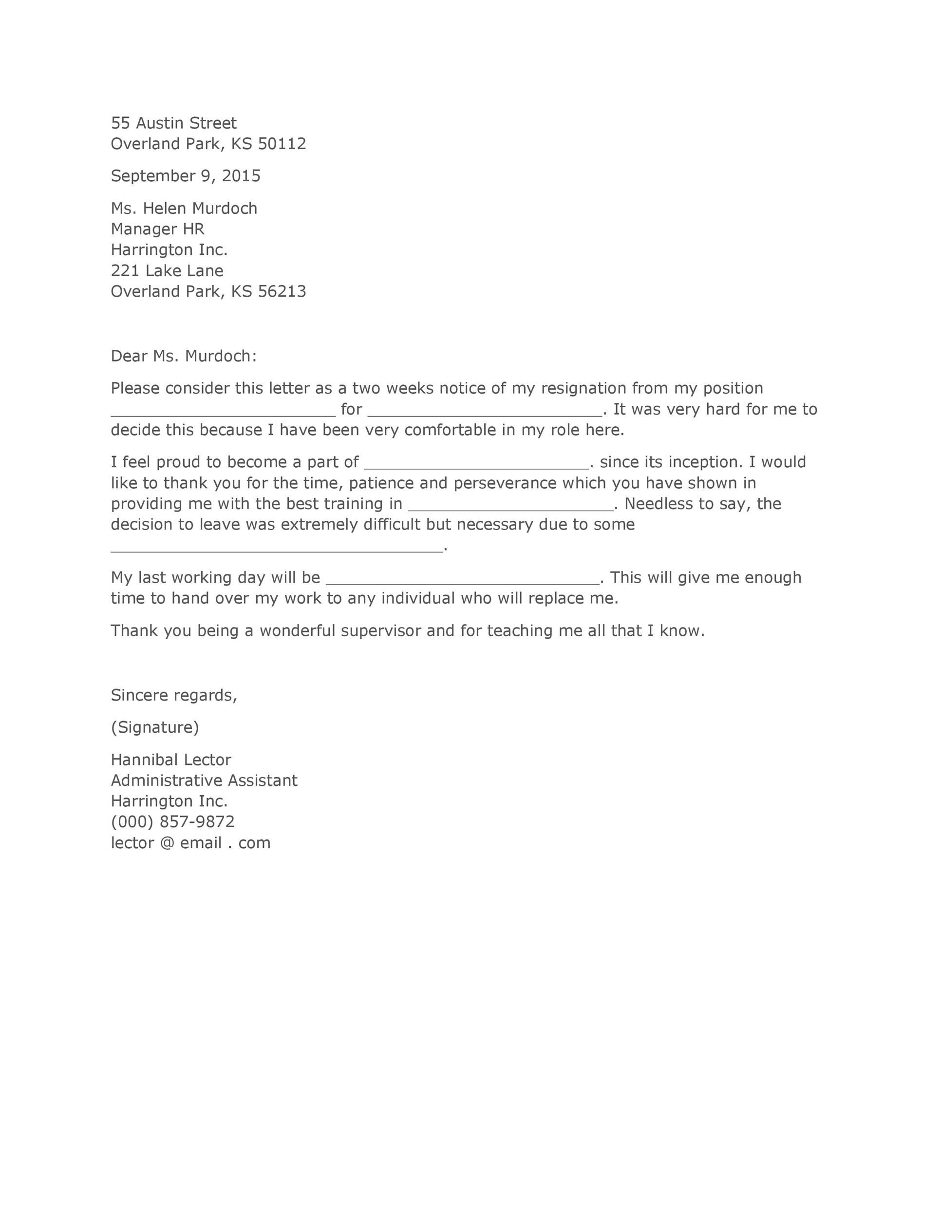 2 weeks notice letter