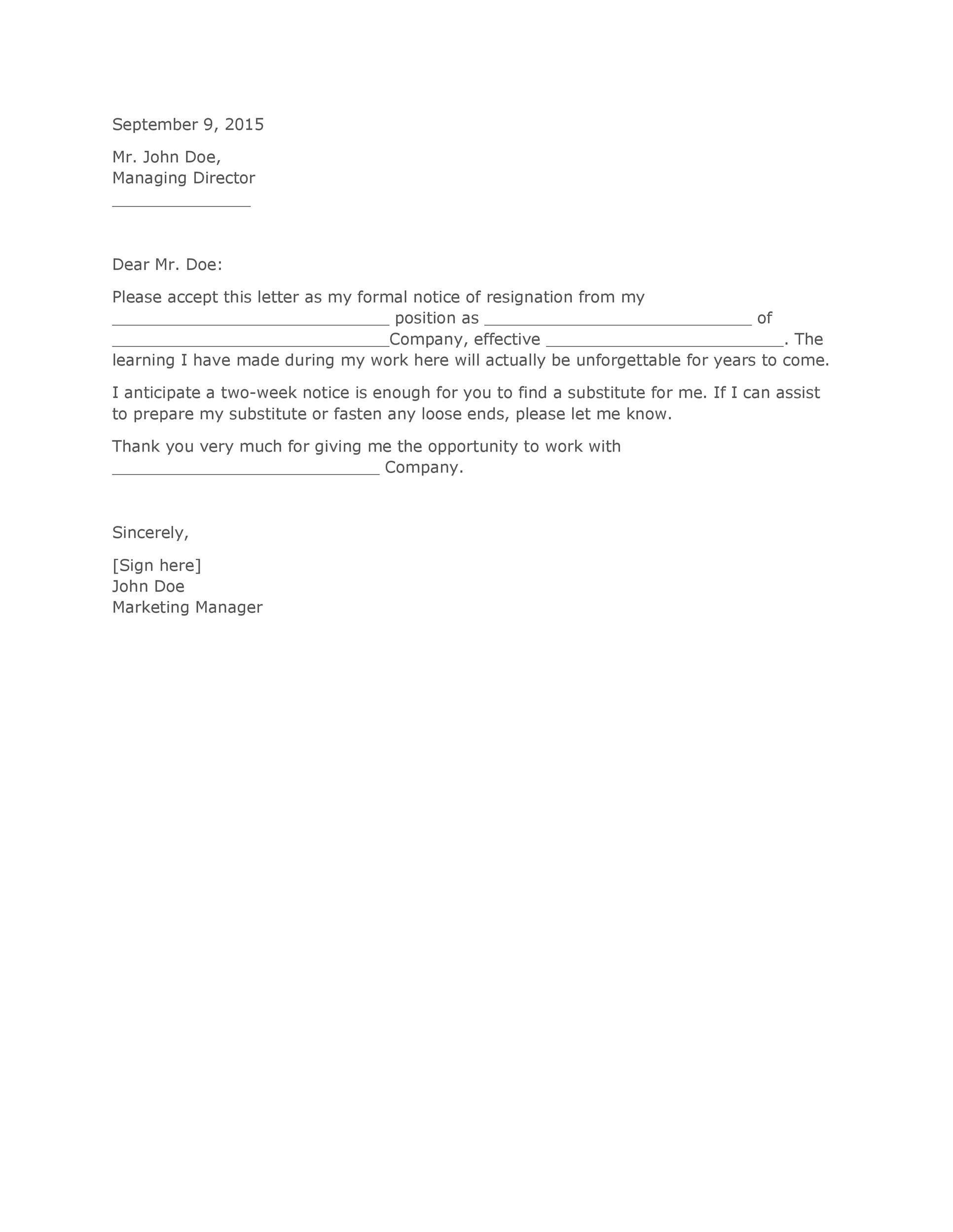 2 Weeks Notice Resignation Letter from templatelab.com