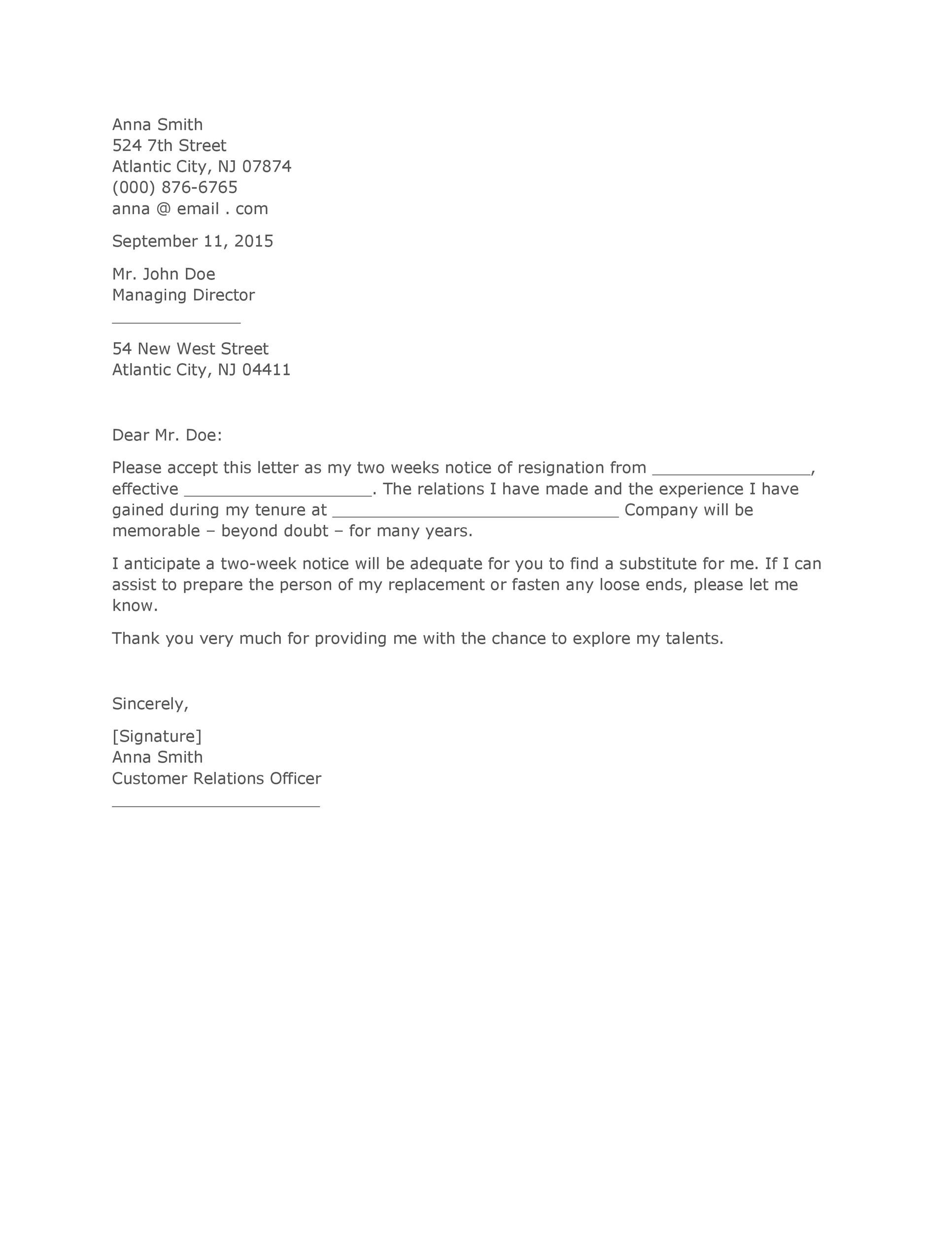 Two Weeks Notice Letter Template