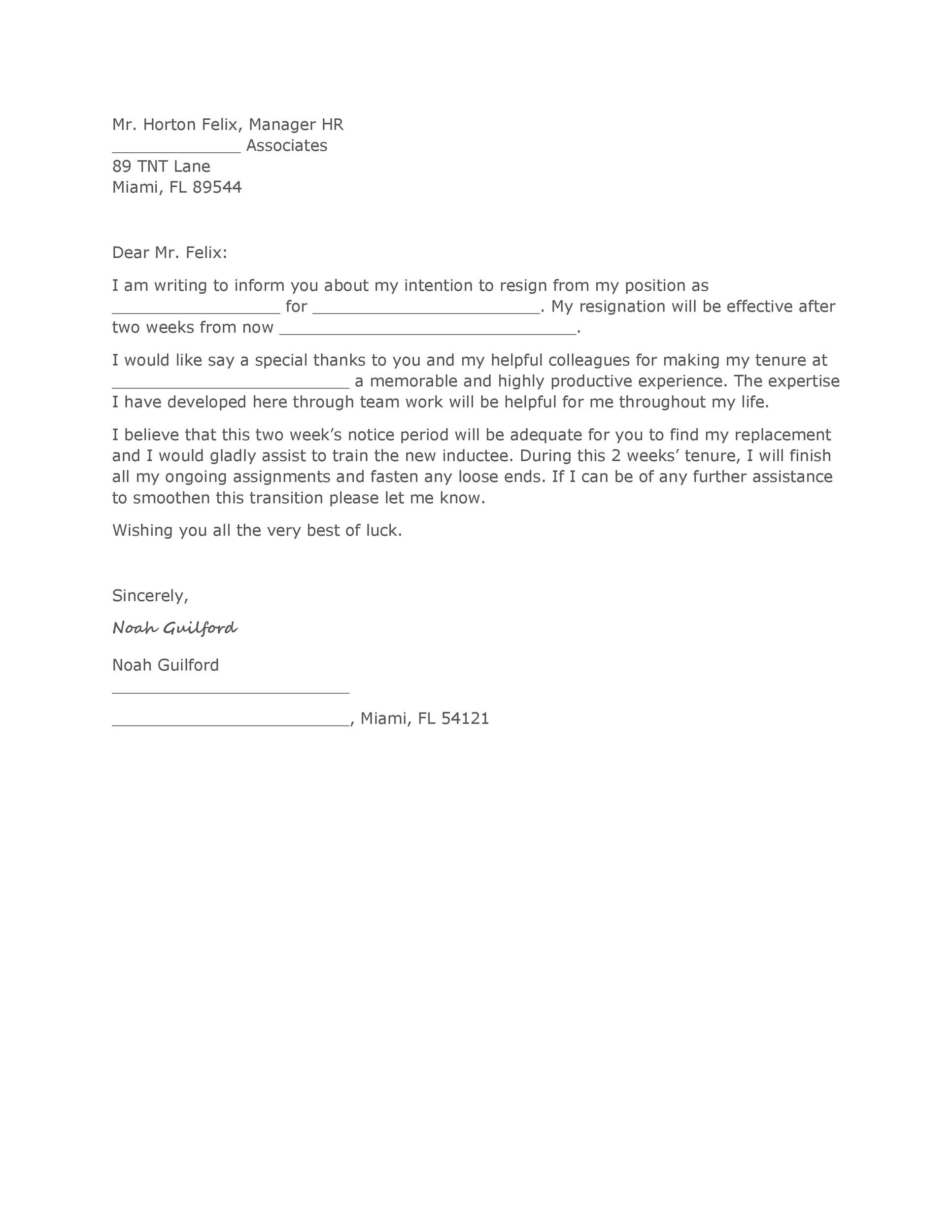 30 Two Weeks Notice Letters & Resignation Letter Templates