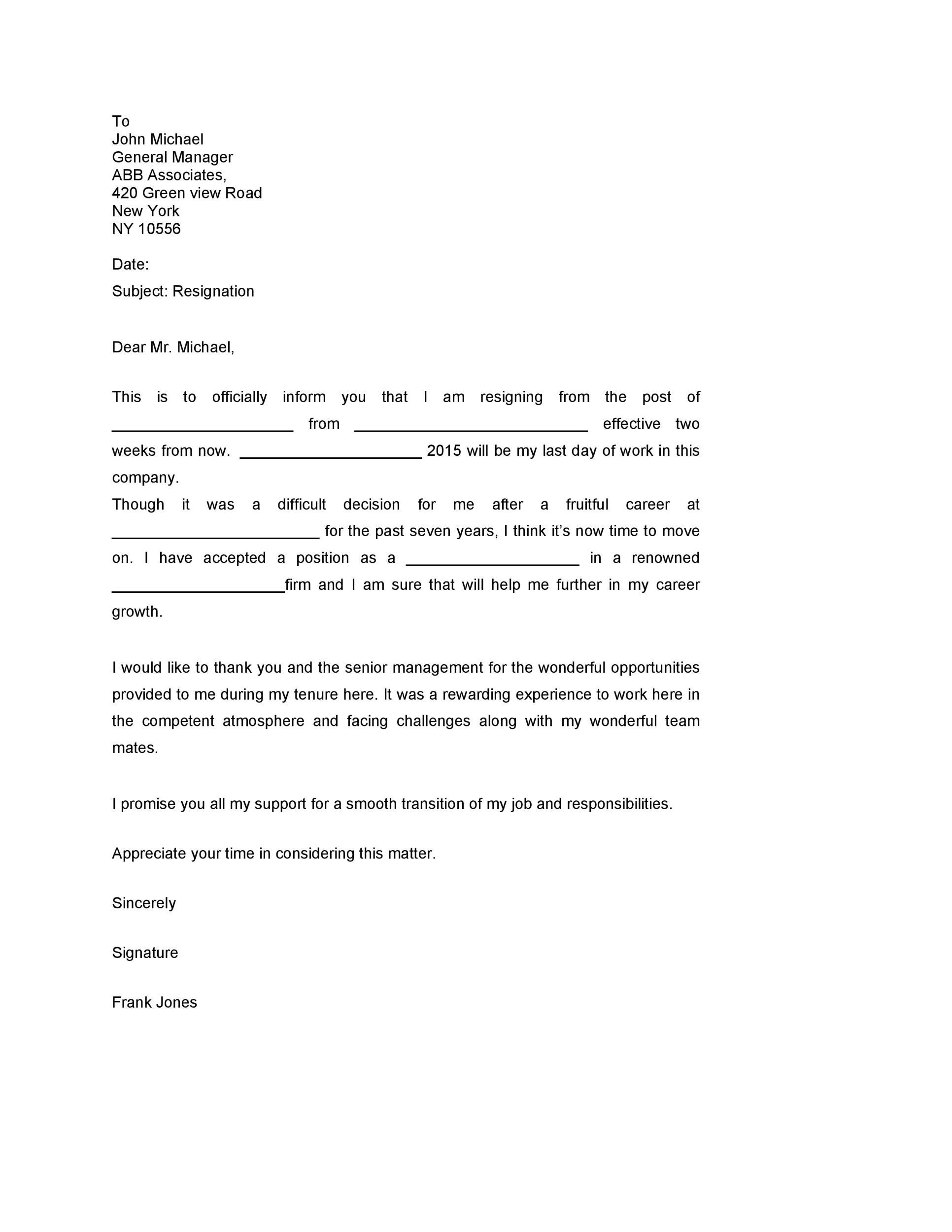 Formal Resignation Letter With 2 Weeks Notice from templatelab.com