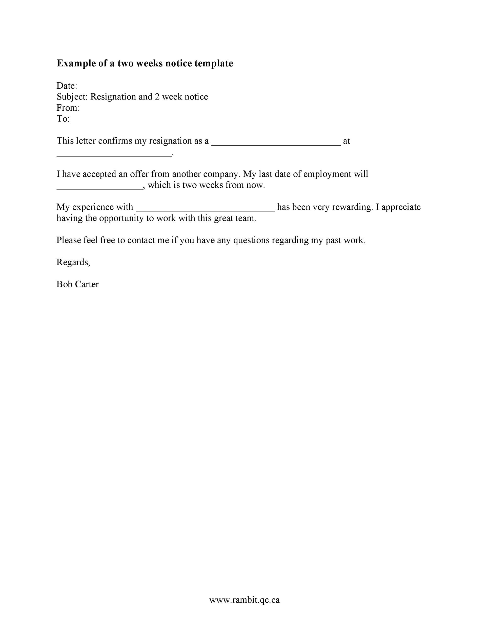 Free Two Weeks Notice Letter Template Free Templates Printable