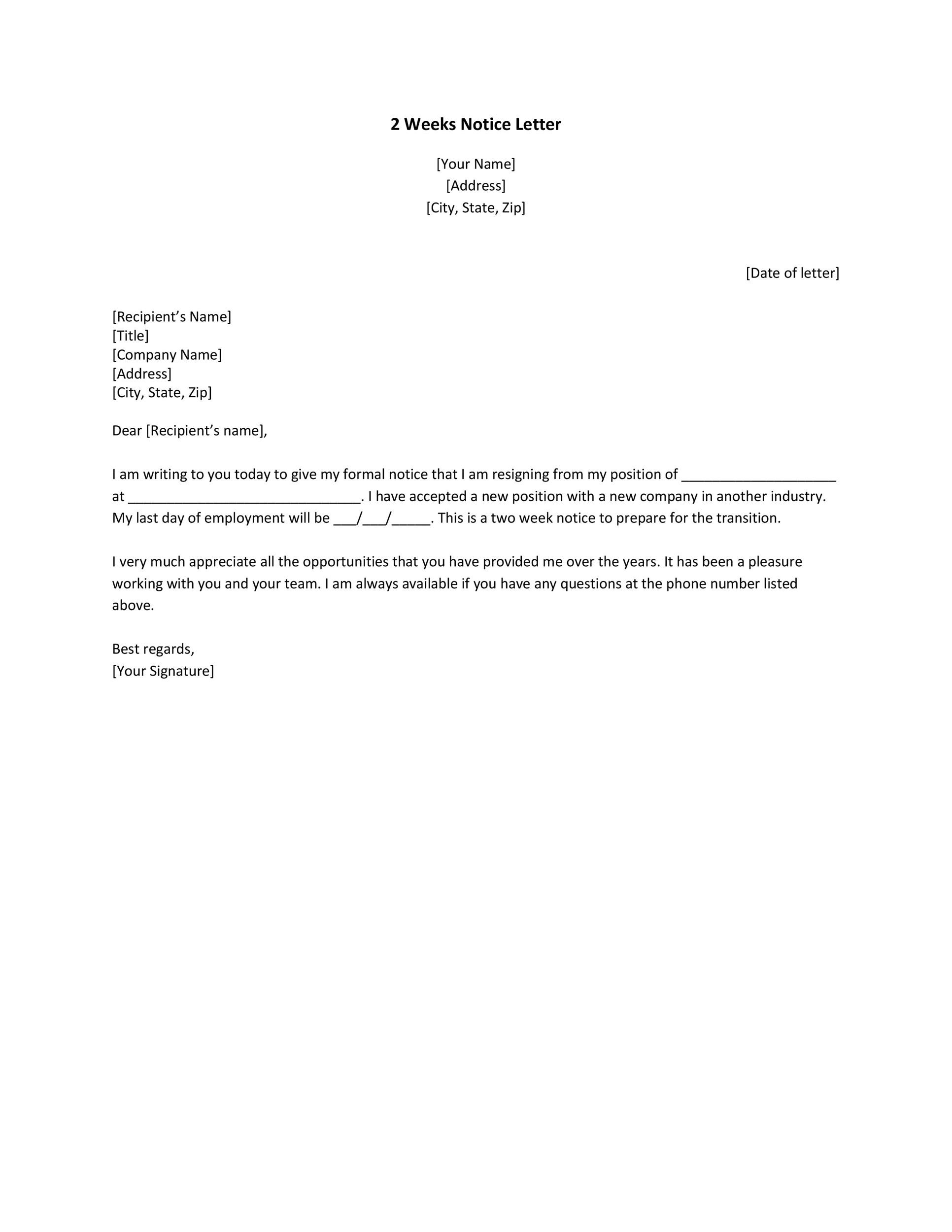 Two Week Resignation Letter Templates from templatelab.com