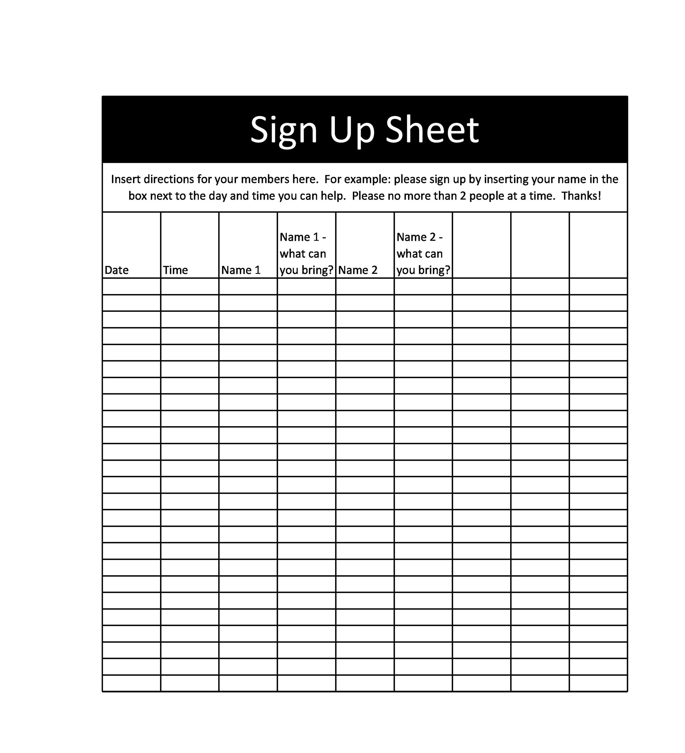 Sign Up Sheet Printable