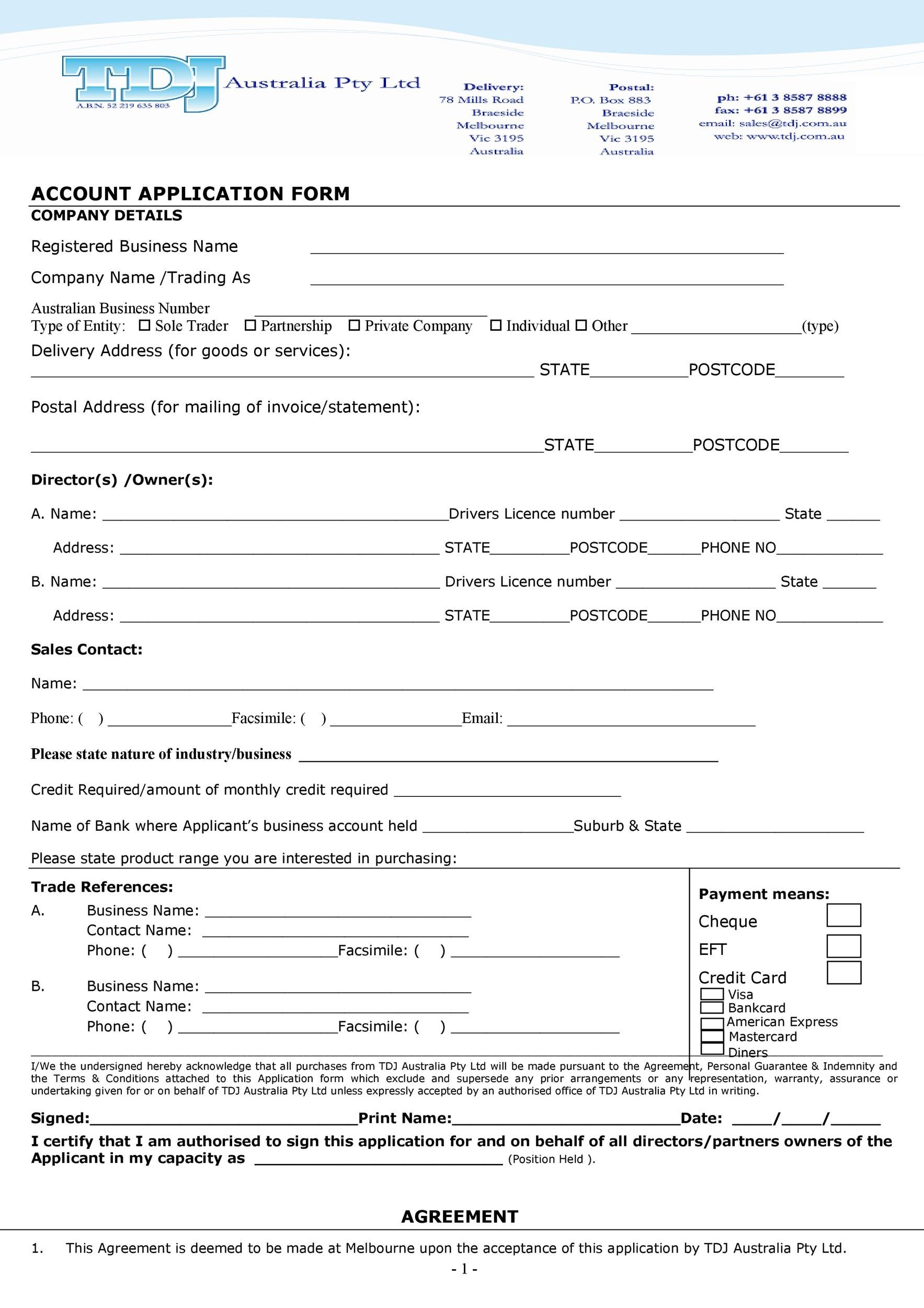 Free Account Application Form Template Free Printable Templates