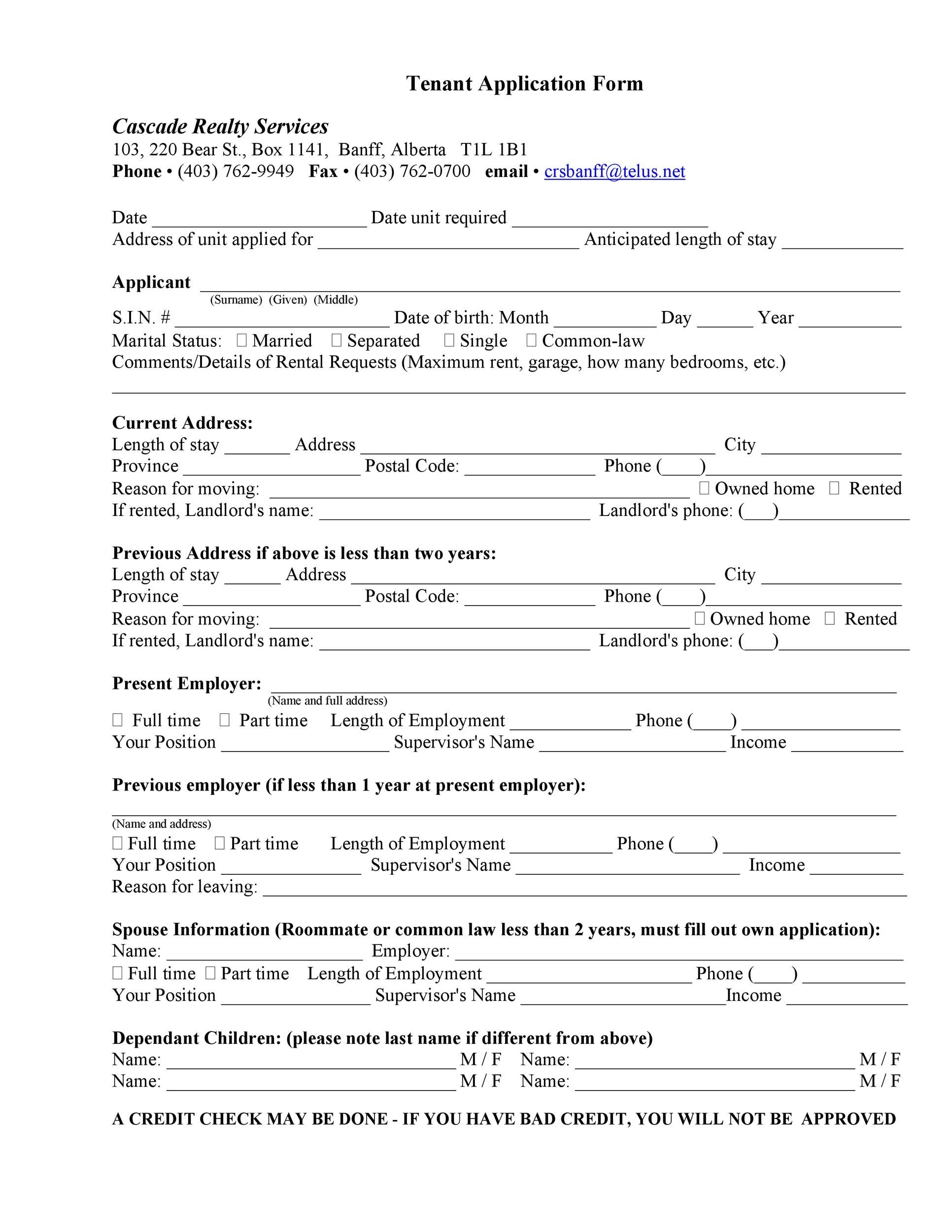 Free Printable Tenant Application Form