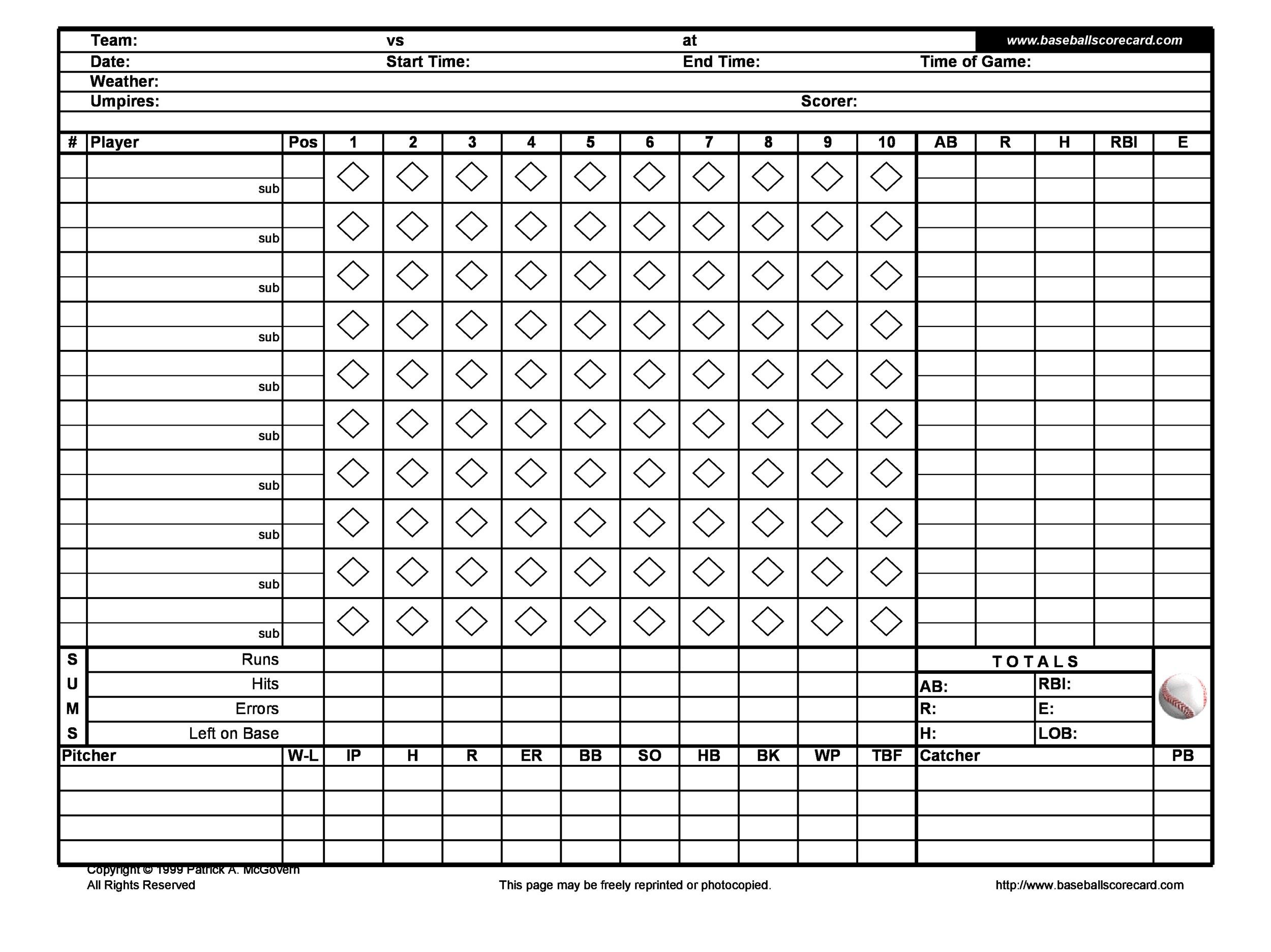 30 Printable Baseball Scoresheet Scorecard Templates Template Lab
