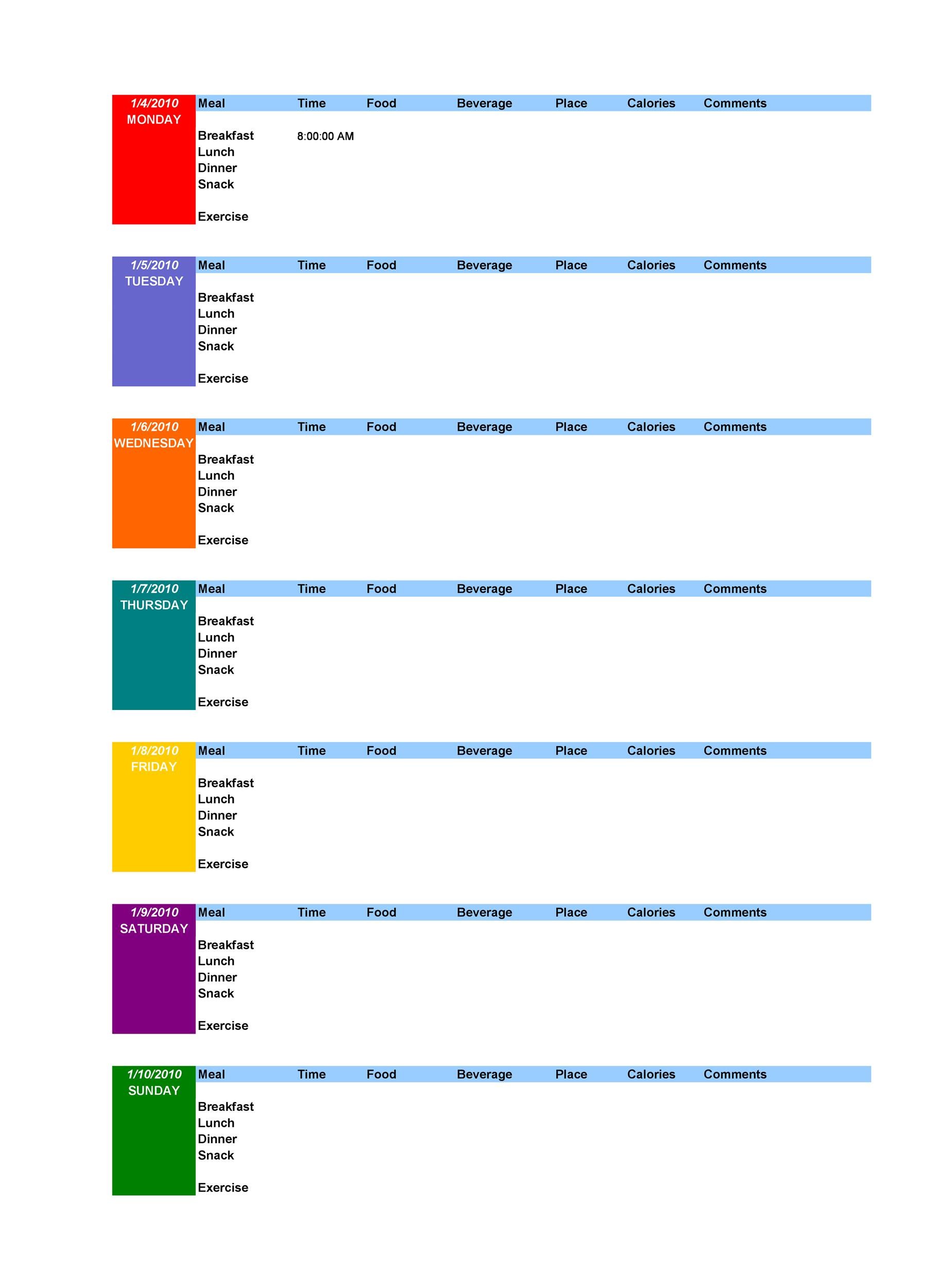 Free Food Diary Template 01