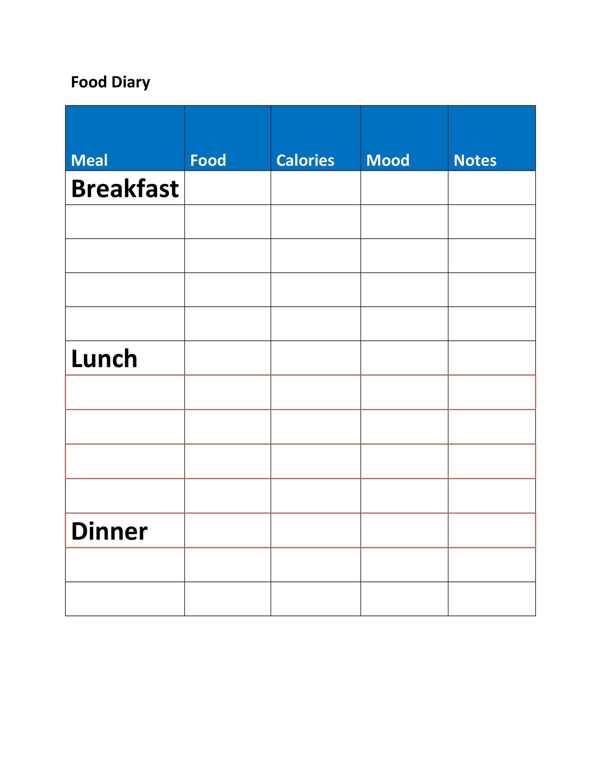 40 Simple Food Diary Templates Food Log Examples