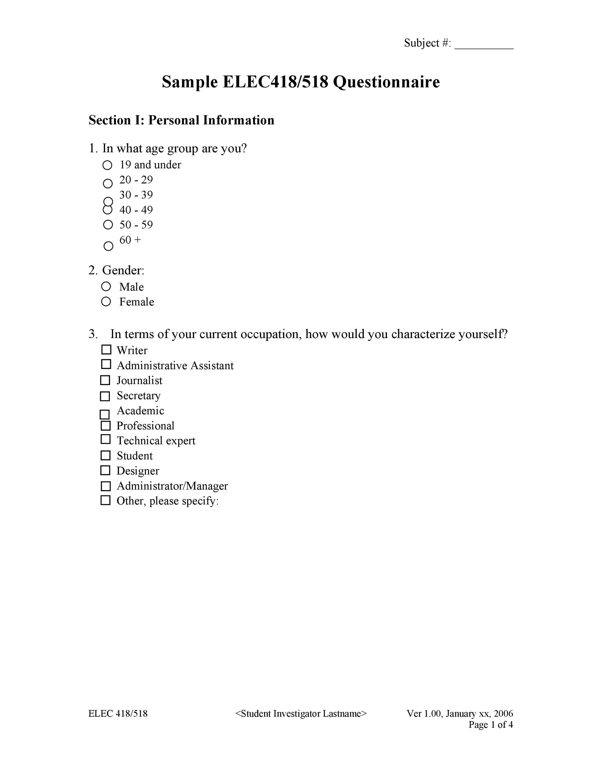 Free Questionnaire Template 09