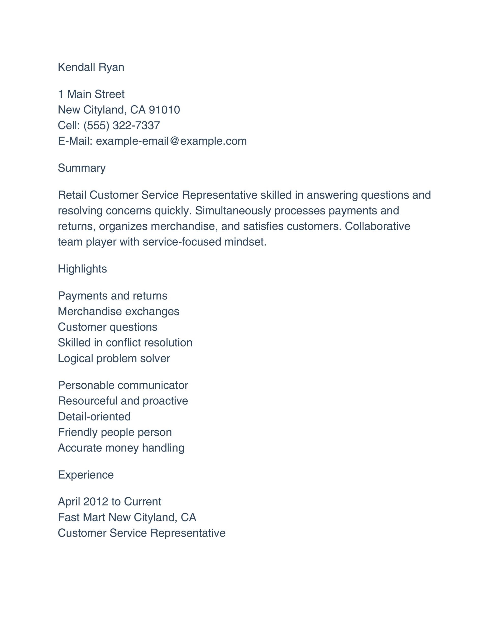 30 Customer Service Resume Examples á… Templatelab