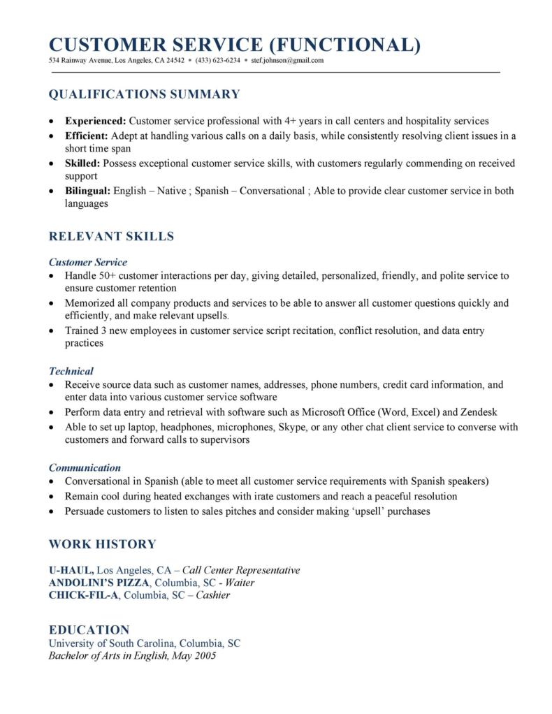 resume for a customer service position