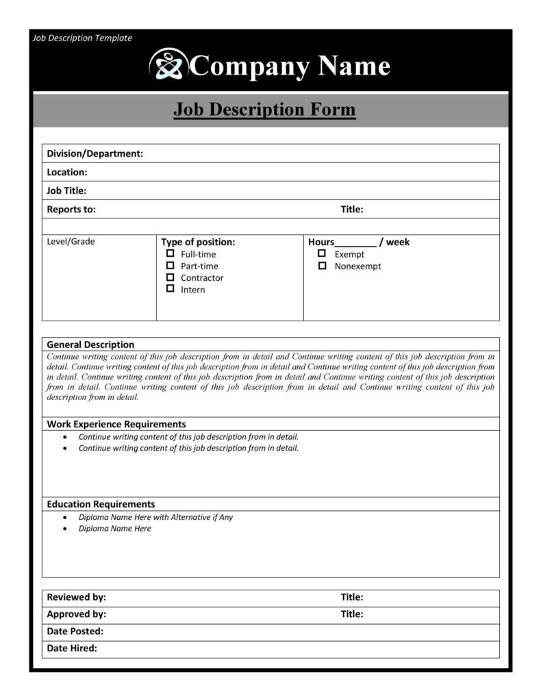 job description in business plan example