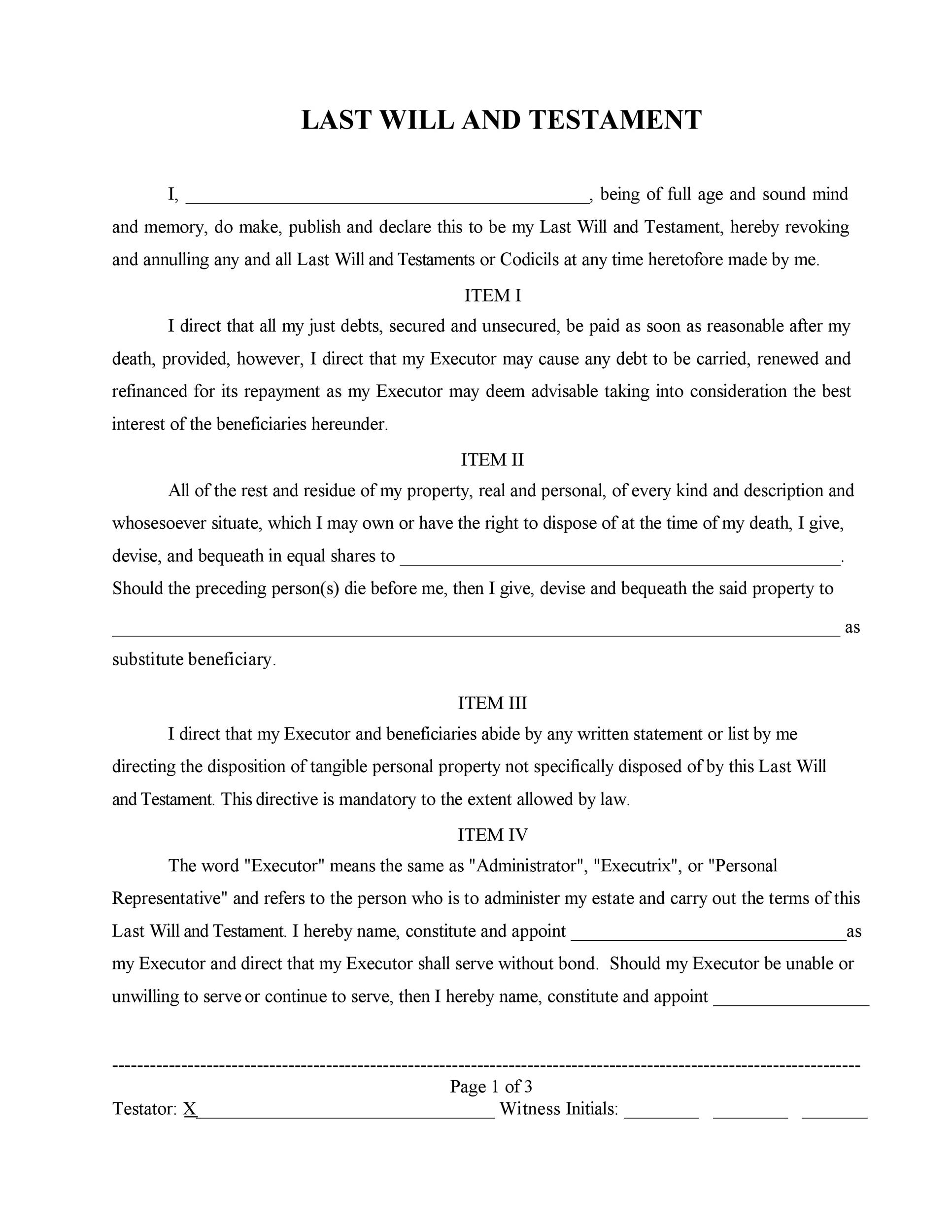 Free Printable Copy Of Last Will And Testament